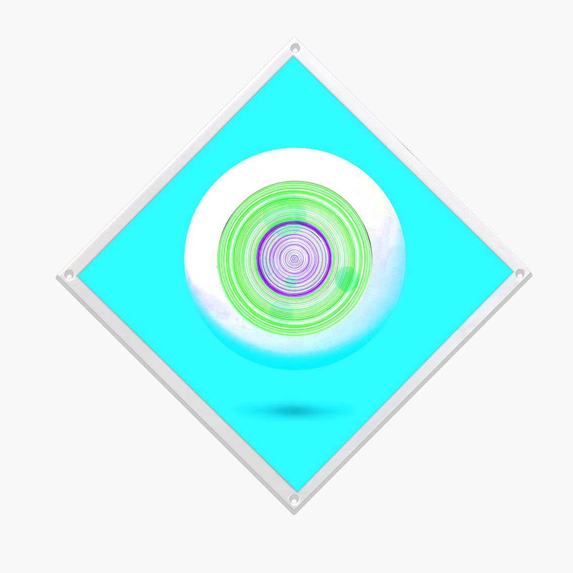 GRAND DESSIN CERCLES COLORÉS et DIGITAL ŒIL OBLO IRISÉ – 2024. 100 x 100 cm. Collage technique mixte entre dessin crayons de couleur au compas et dessin digital. Différentes possibilités de couleur et taille