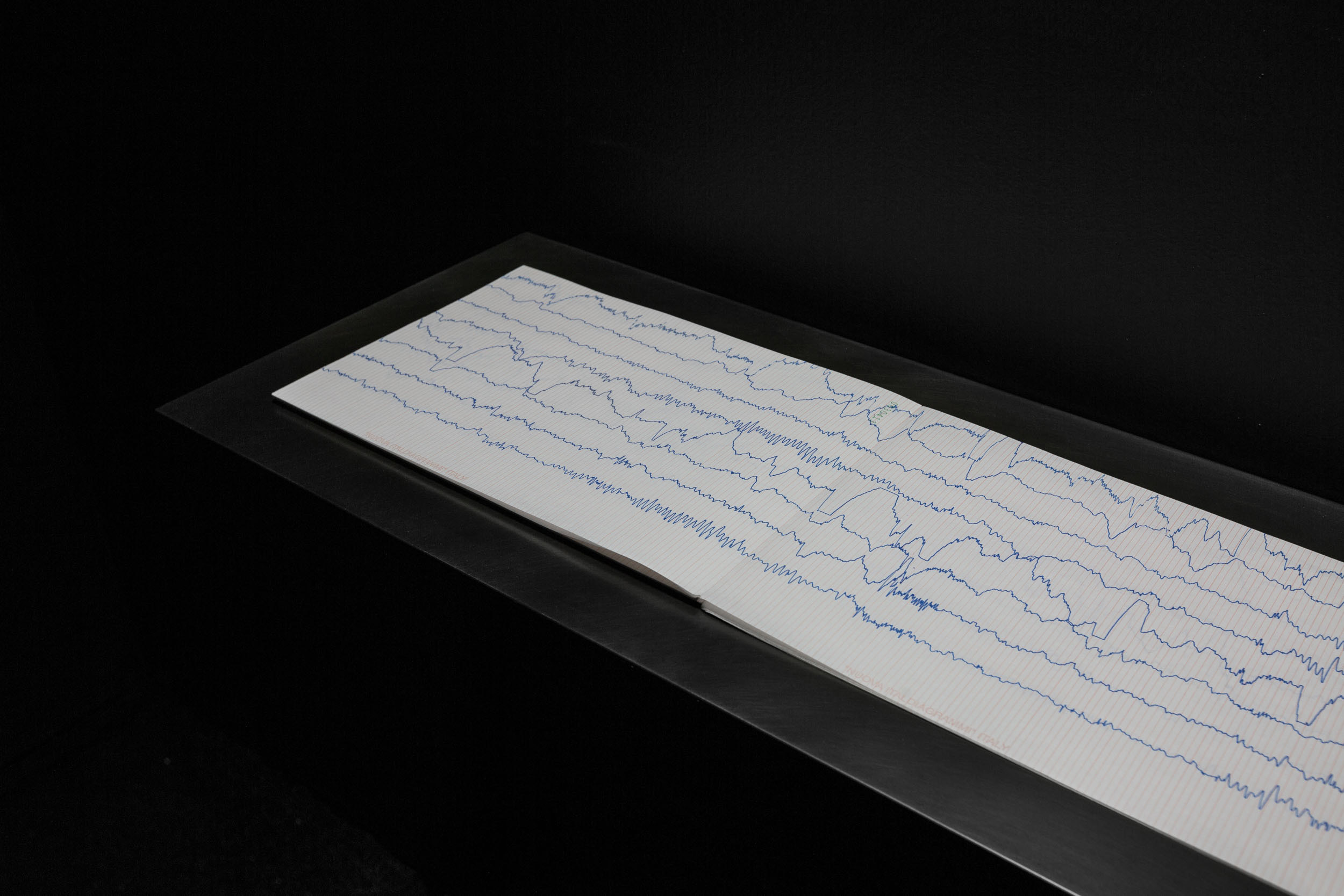 Marcapasos, EKG of the artist's heart at 12 years old on blackened steel custom shelf, 8 x 24 inches