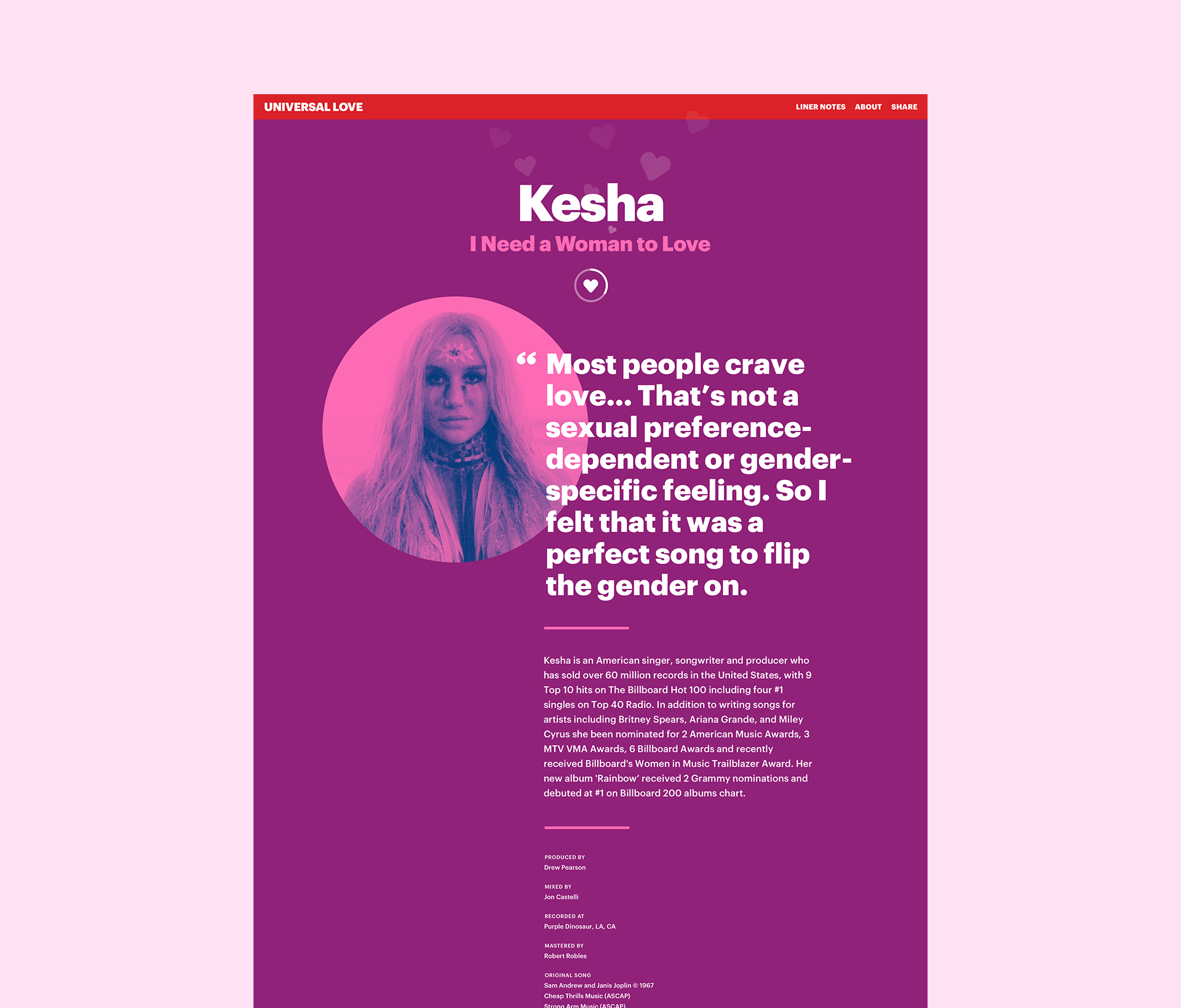 The website puts the album artwork by Craig & Karl at its center with one simple action; to listen to love. The songs are housed within the rainbow, echoing the color sequence of the LGBTQ pride flag.