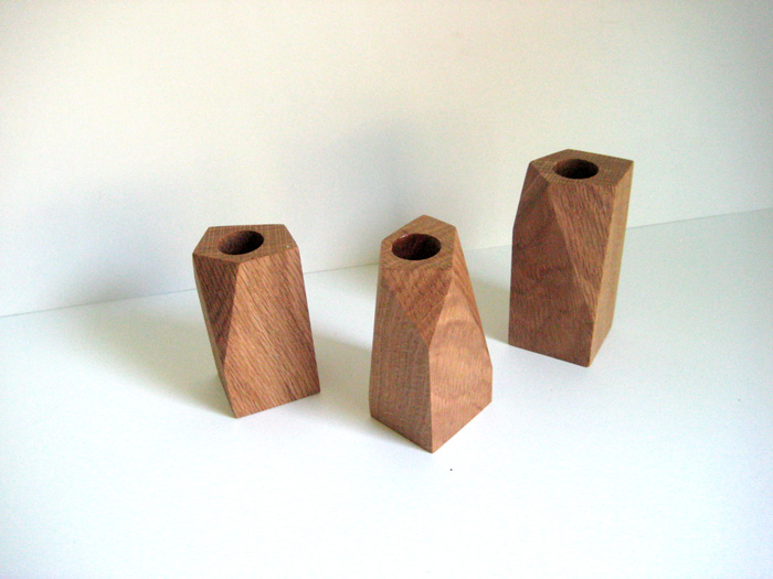 geometric candle stick holders in oak