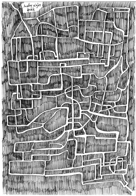 Sunday night drunk. 2016. Indian ink on paper. 15 x 21 cm.