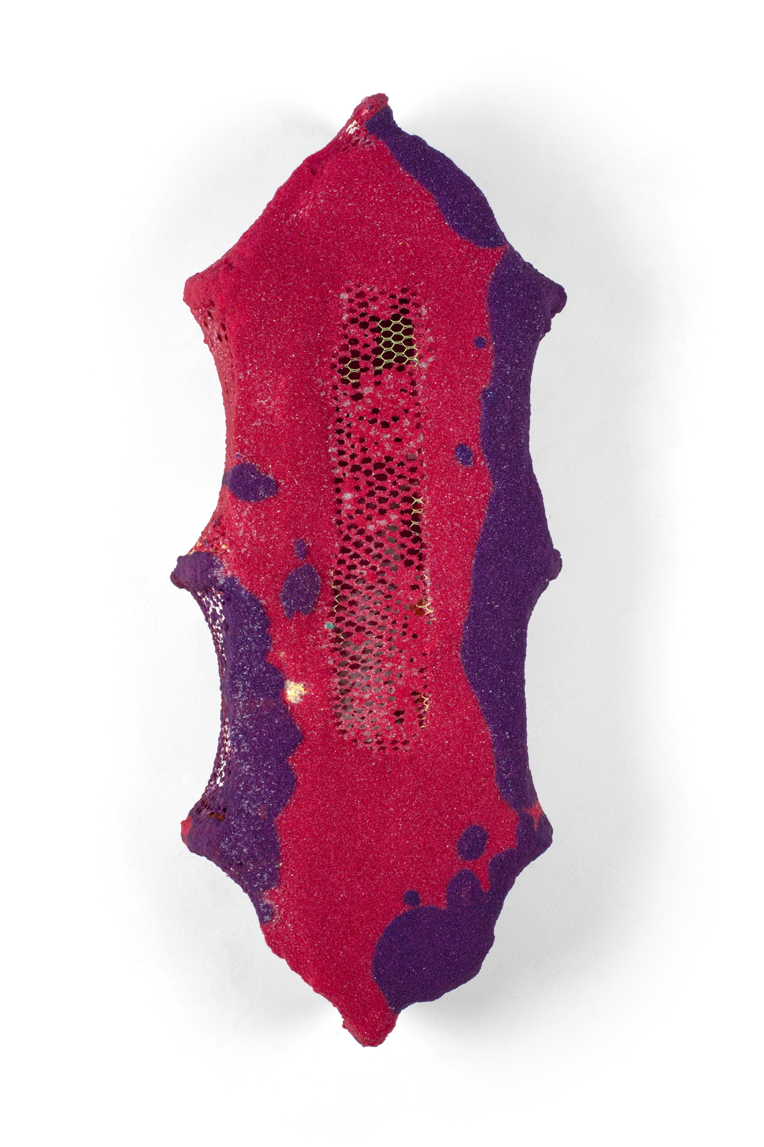 Anahita VossoughiExoskeleton For Protection: Net Laser, 202122 x 10 x 5.5 inches Acrylic and Oil Paint, Ink, Glass Beads, Clay, Polymer Clay, Sand, and Fishnet on Wood