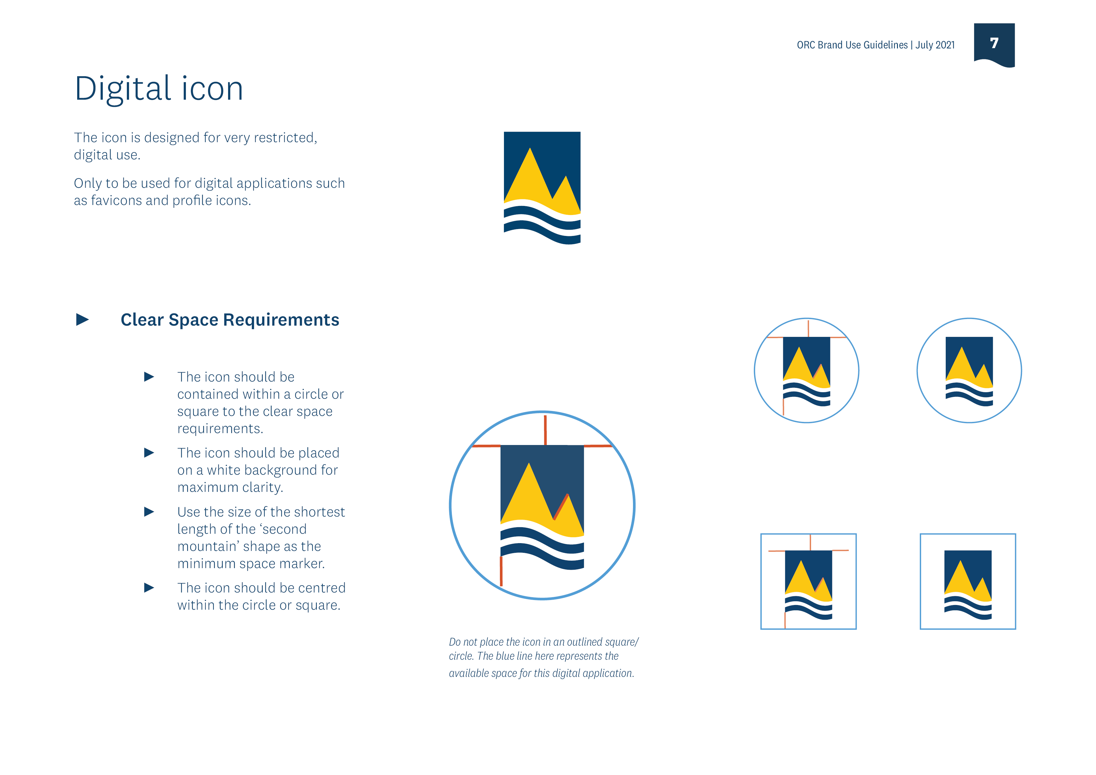 Digital Icon page from the ORC Brand Guide, showing clear space requirements for their digital logo.