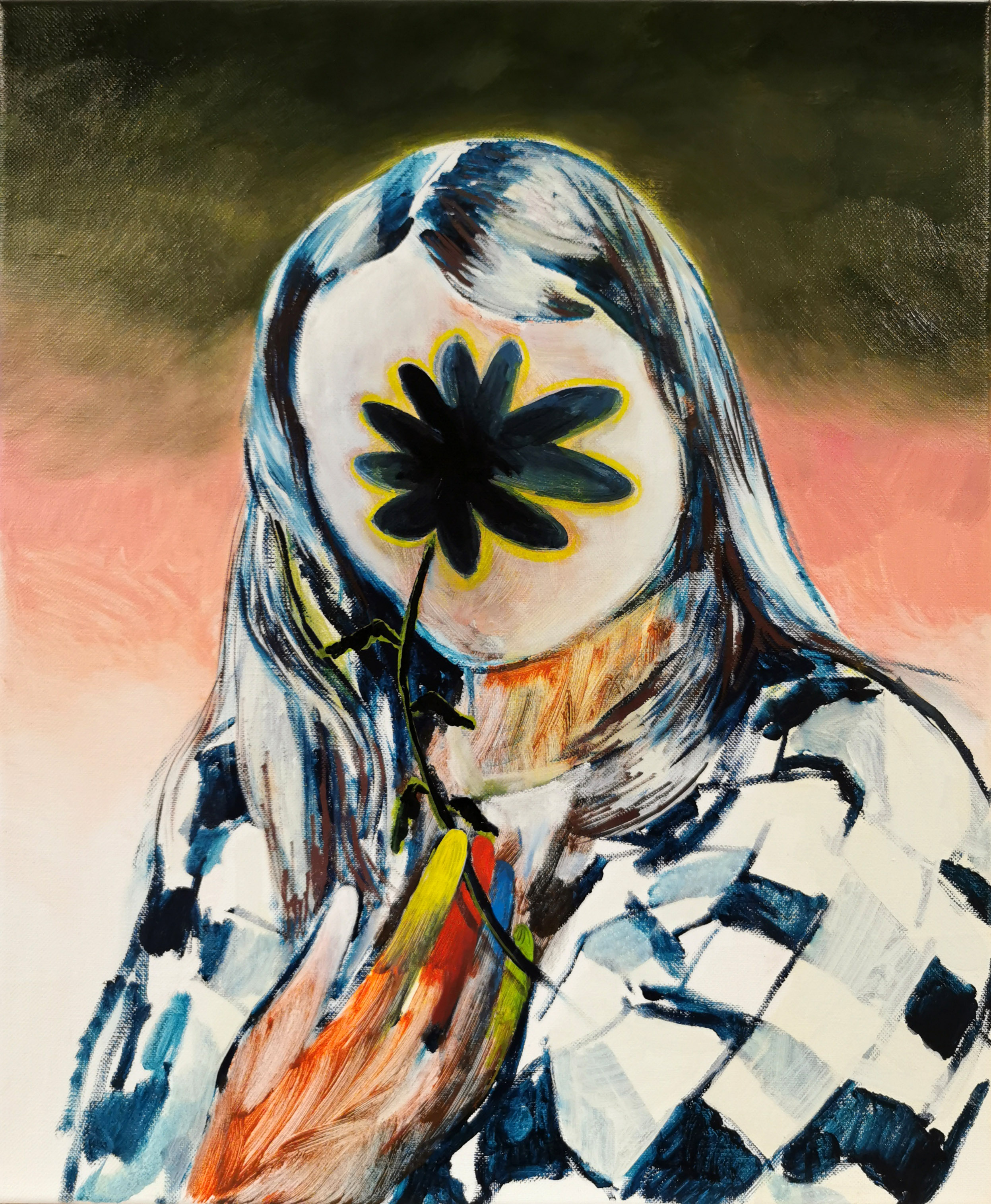 Girl with a black flower, acrylic and oil on canvas, 60/50 cm