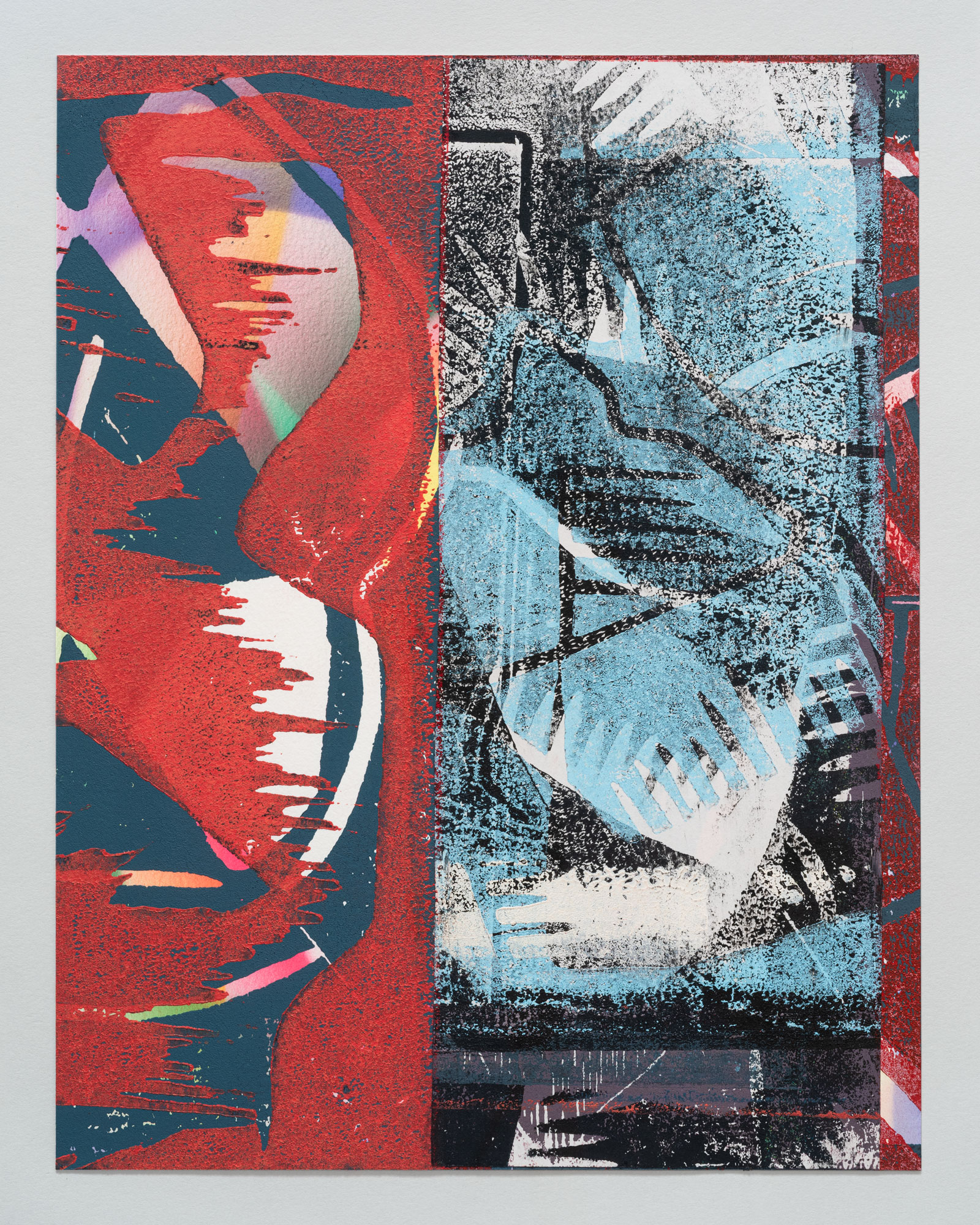 Untitled, 2025, hand-printed woodcut with air-brushed acrylic and collage on paper, 11 × 8.5".