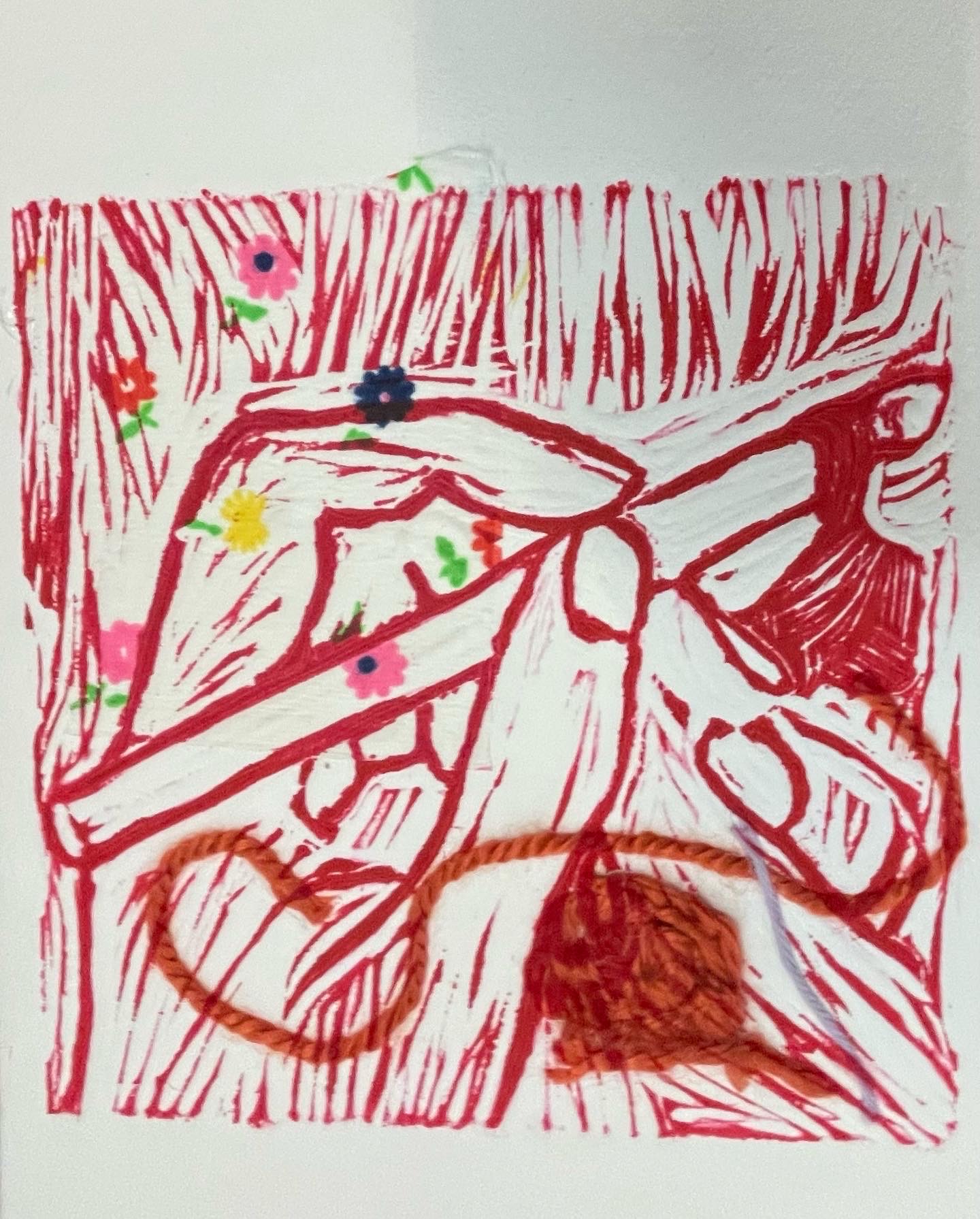 Working (Crochet), Lino Print on paper with mixed media chine-collie, 2022, 8 x 10.5