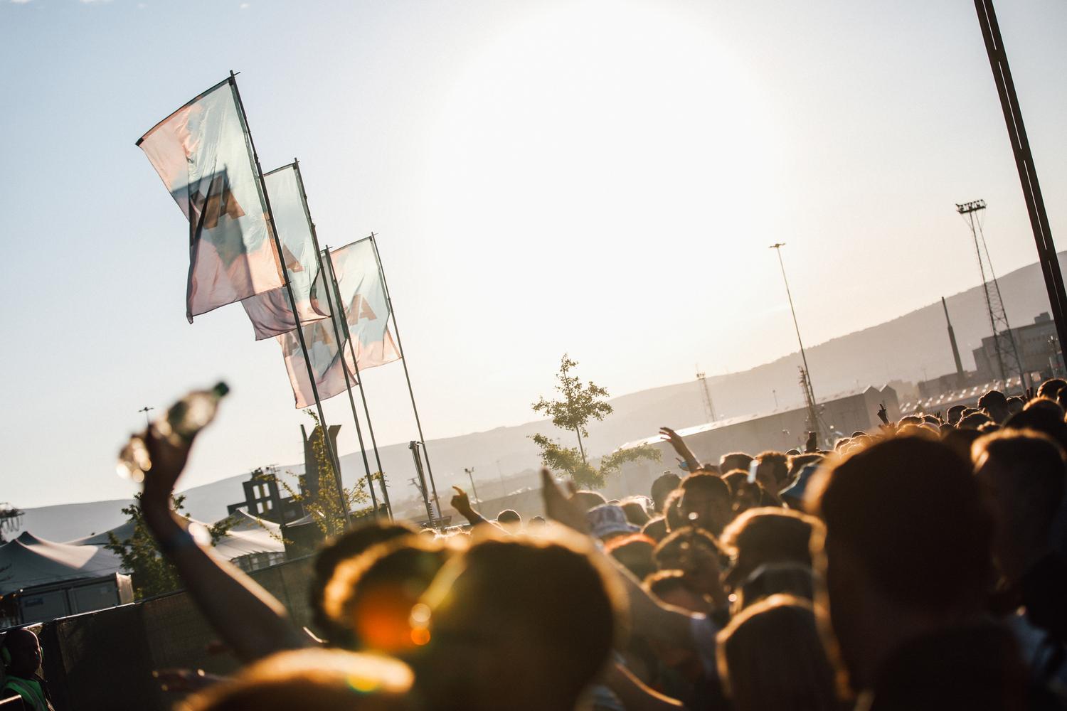 Festival crowd at AVA Belfast with AVA logo flags waving at sunset