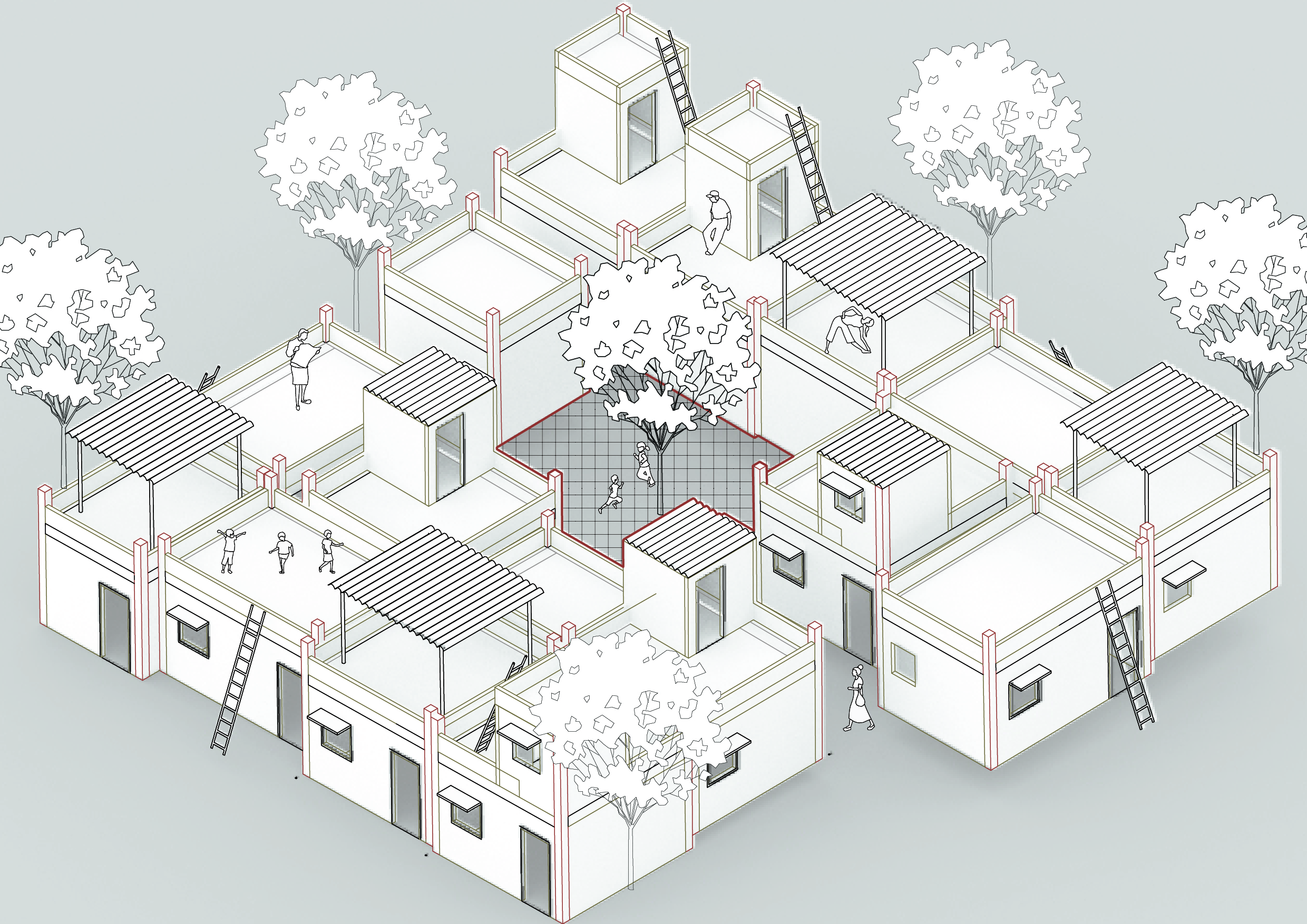 Existing cluster typology with hard paved courtyards