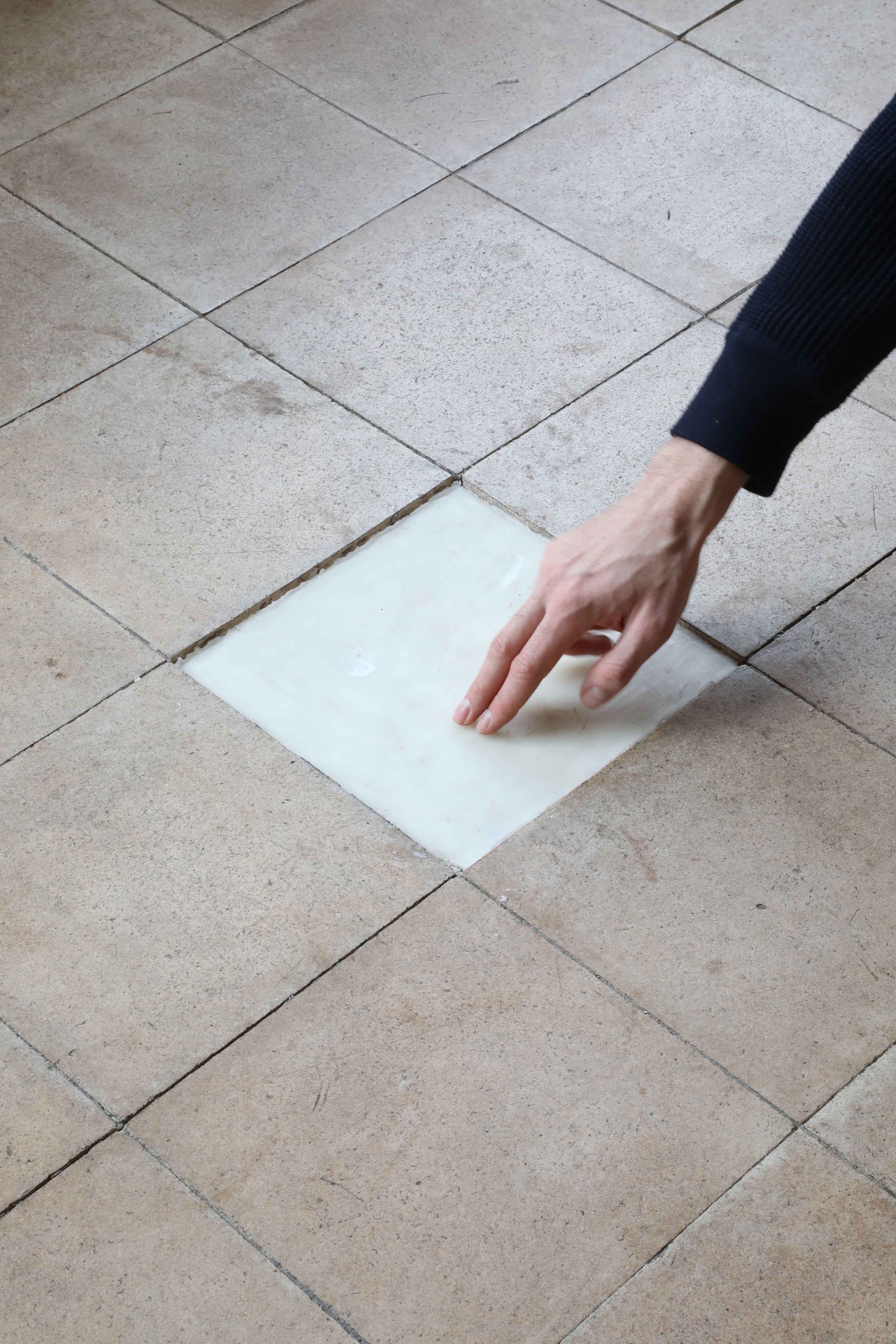 Karlsruher Schweiss, 2020Solid perfume cast into the floor, replacing a tile in collaboration with Felix Plachtzik. Shown at FAN Nr2 Residence - an exhibition by FAN Nr2 Residence - an exhibition by Fan Collective at Villa Gellert, Karlsruhe, Feb 2020.Photo: Silviu Guiman