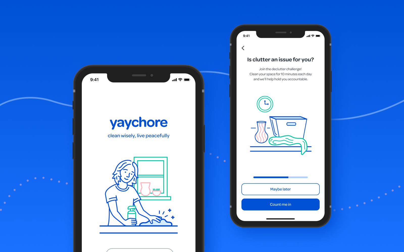 Yaychore app screen designs for the login and decluttering challenge promotion.