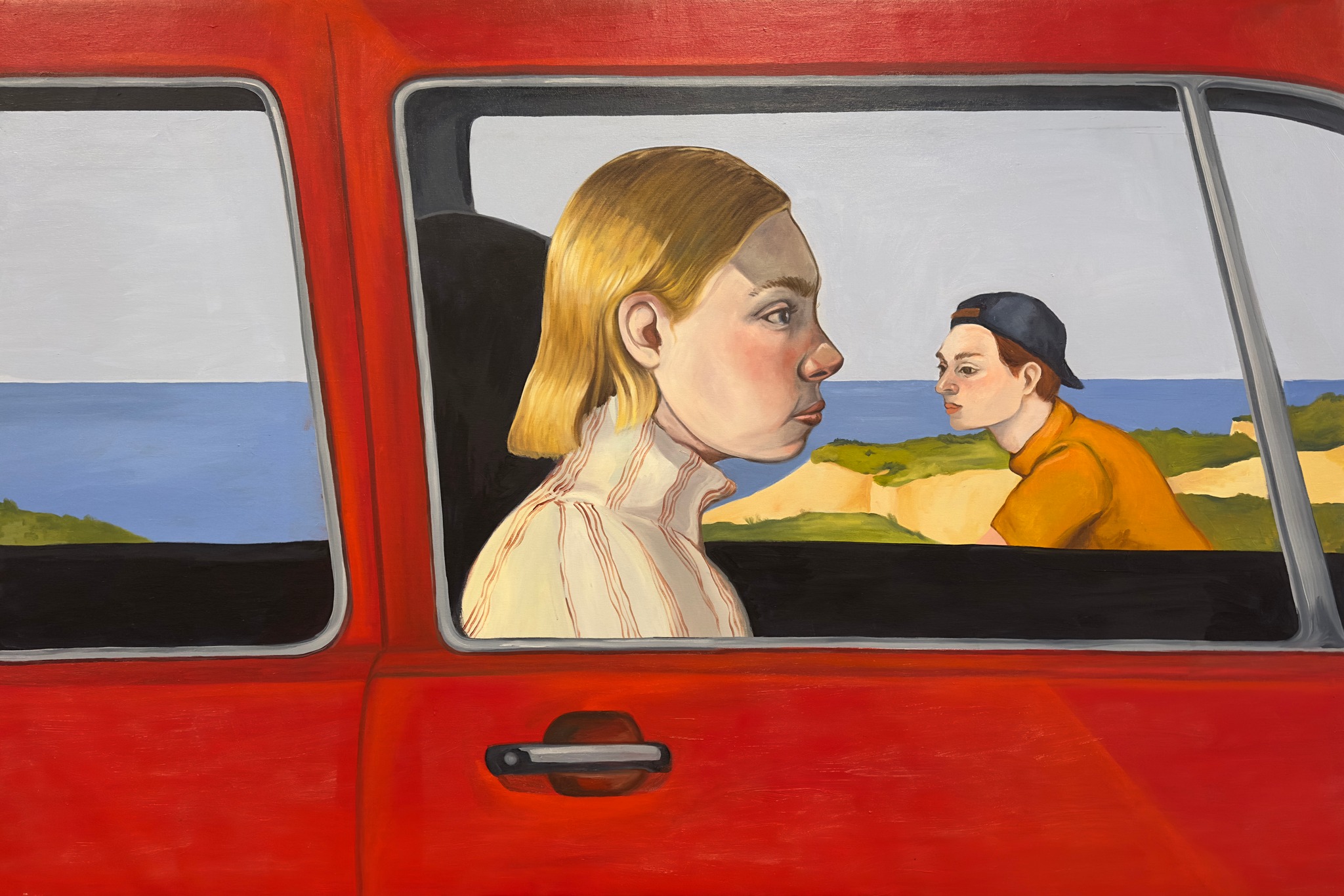 “Camino a la playa con el Golf rojo” Oil on canvas. 120x180cm. 2025