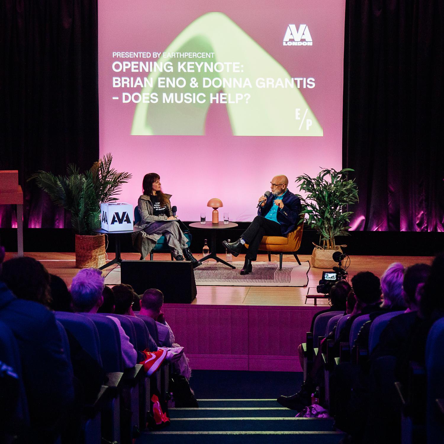 Brian Eno and Donna Grantis on stage at AVA London keynote discussion presented by EarthPercent.