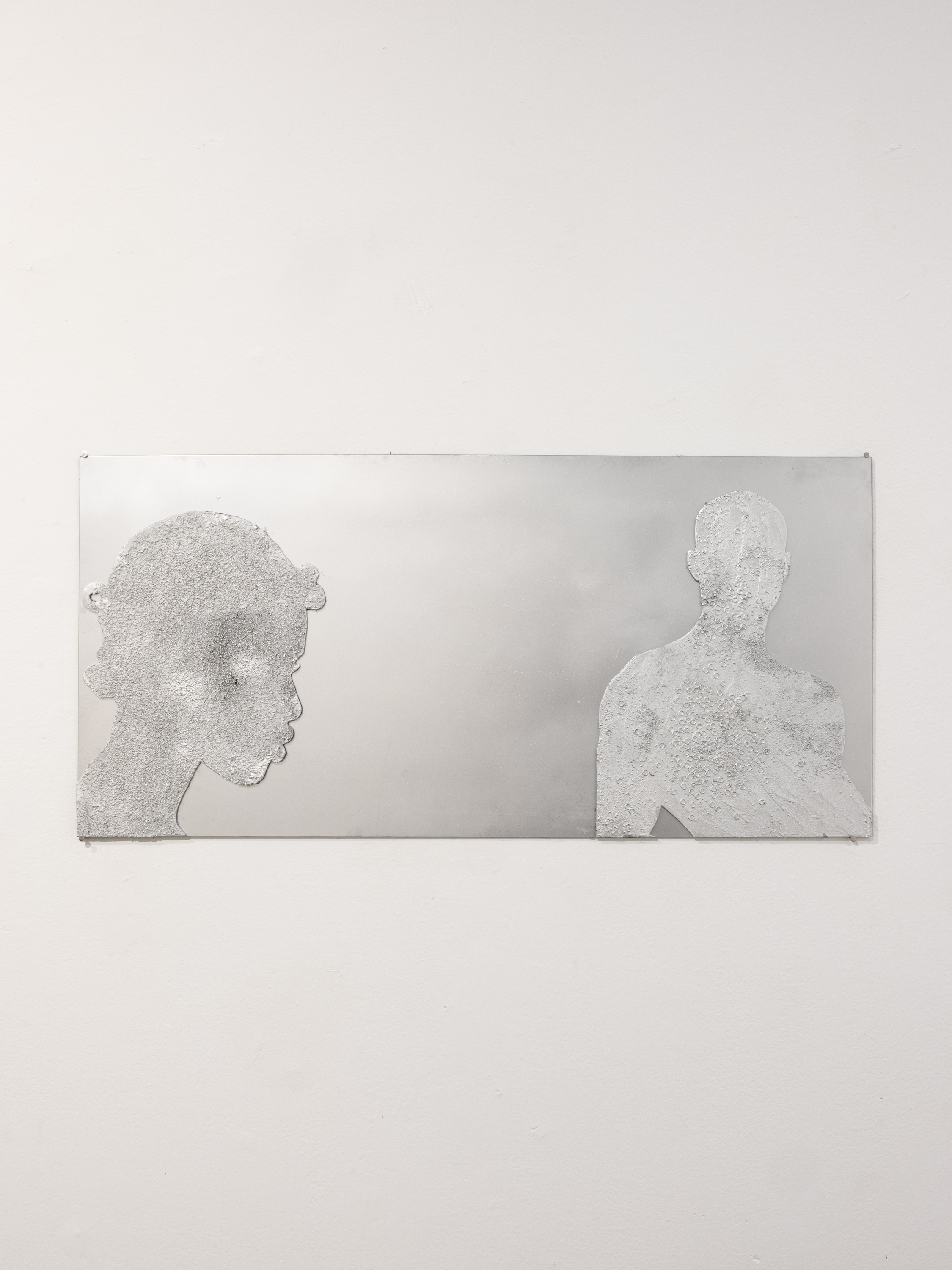 Orisha, 2024  Flocked coffee grounds, carborundum and soil, steel rings & acrylic on birch, acrylic on glass  100 x 50 cm (photo credit: Andina Marie Osorio)