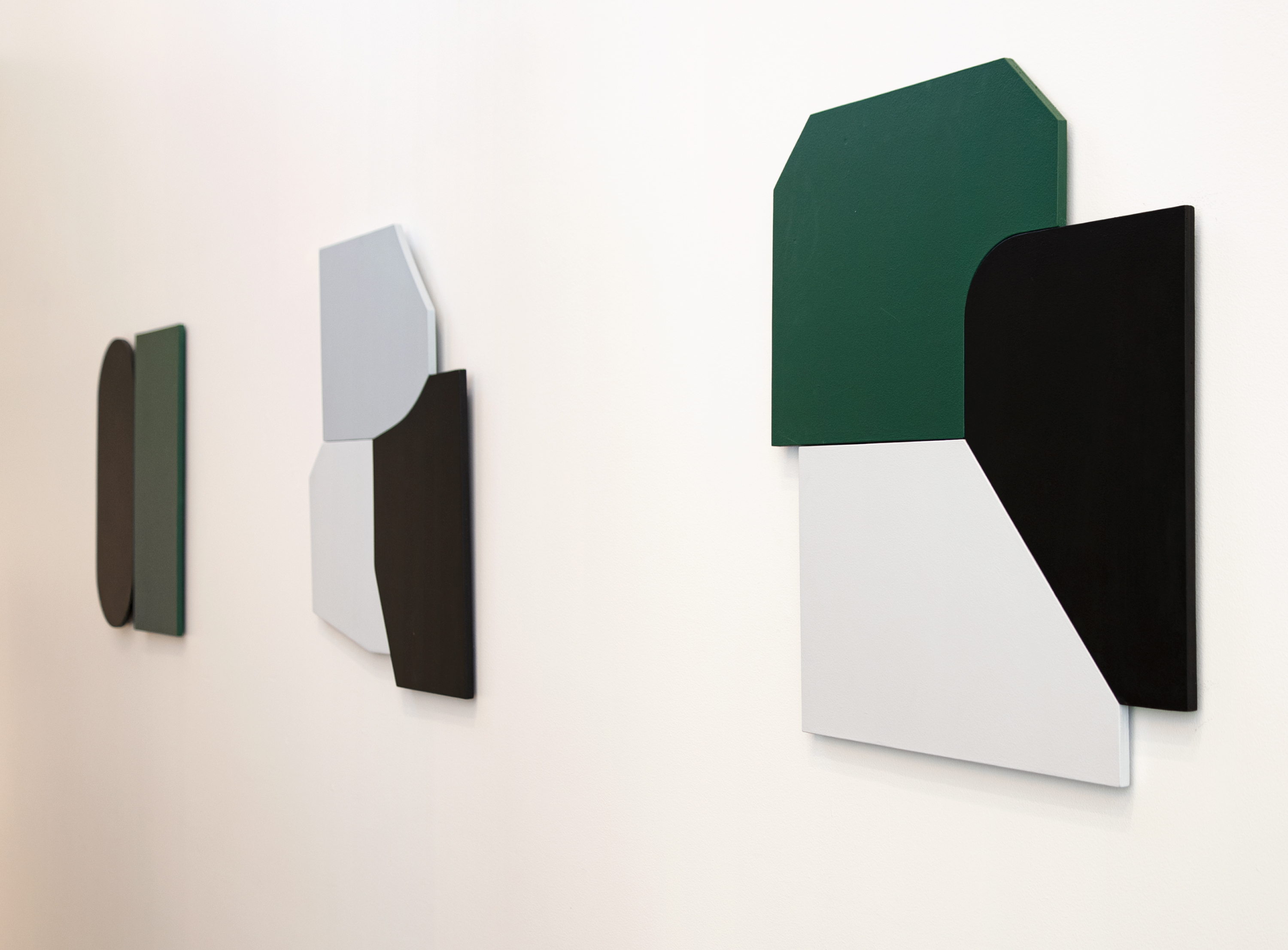 Gabriel Stromberg, Collage 3, 2019, Painted plywood, 24 x 20 in. (#3 is the far left)