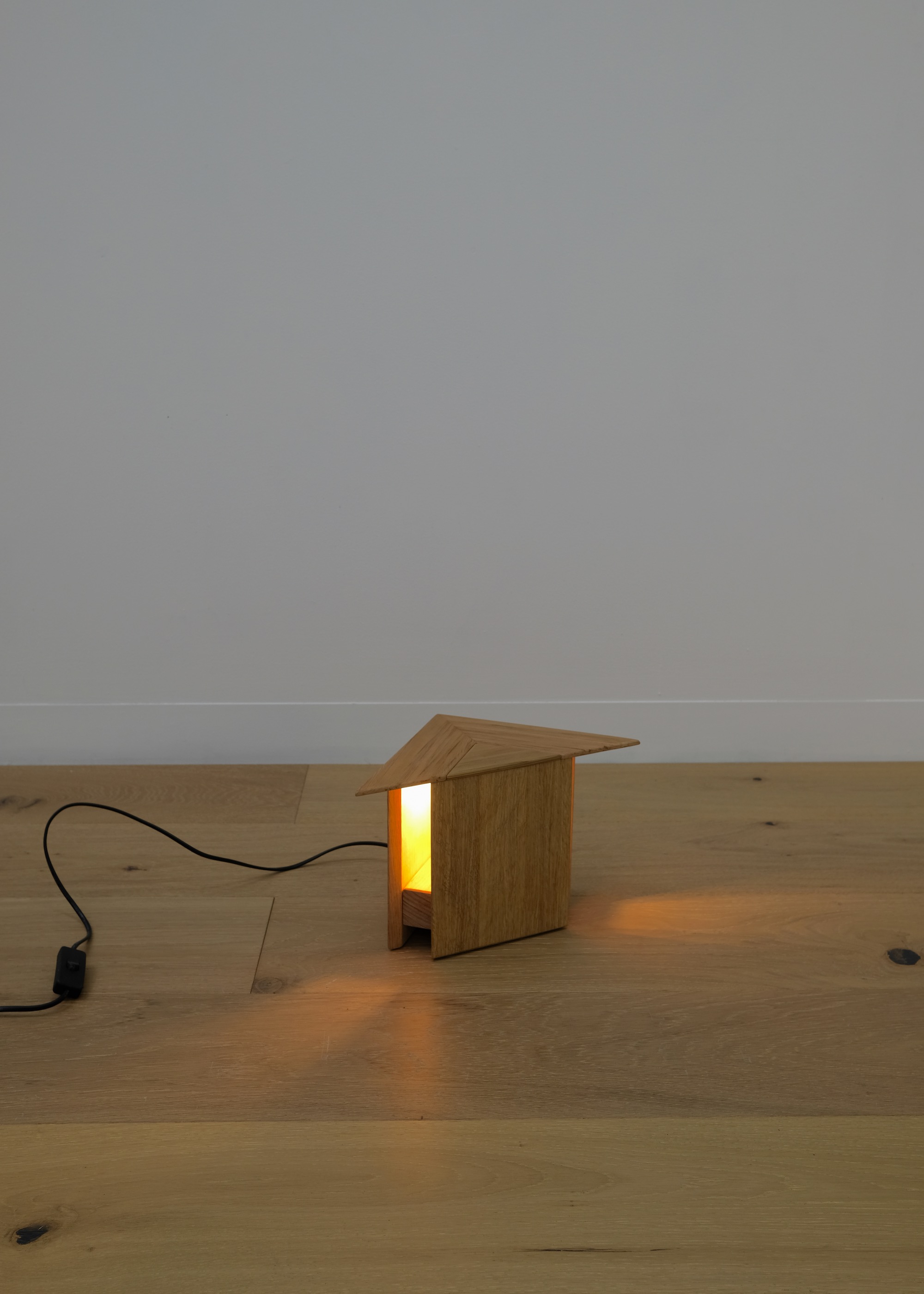A quiet house Recycled Cedar and Victorian Ash, glue, nails, wax, magnets, e27 globe and socket. 20 x 31 x 16 cm. 2021