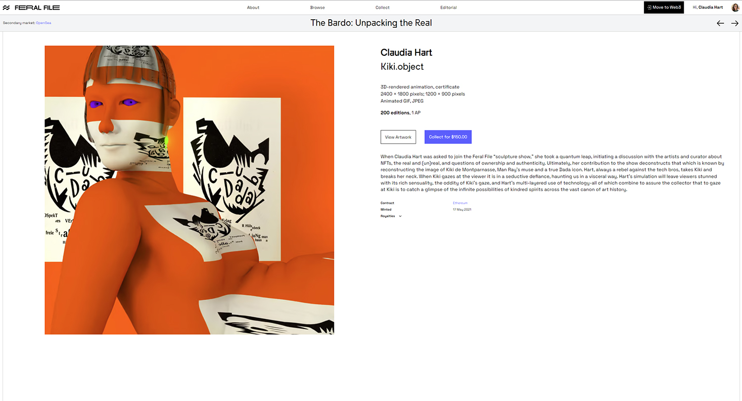 Kiki.obj in The Bardo: Unpacking the Real NFT exhibition, curated by Julie Walsh, 2021, on Feralfile.com platform.