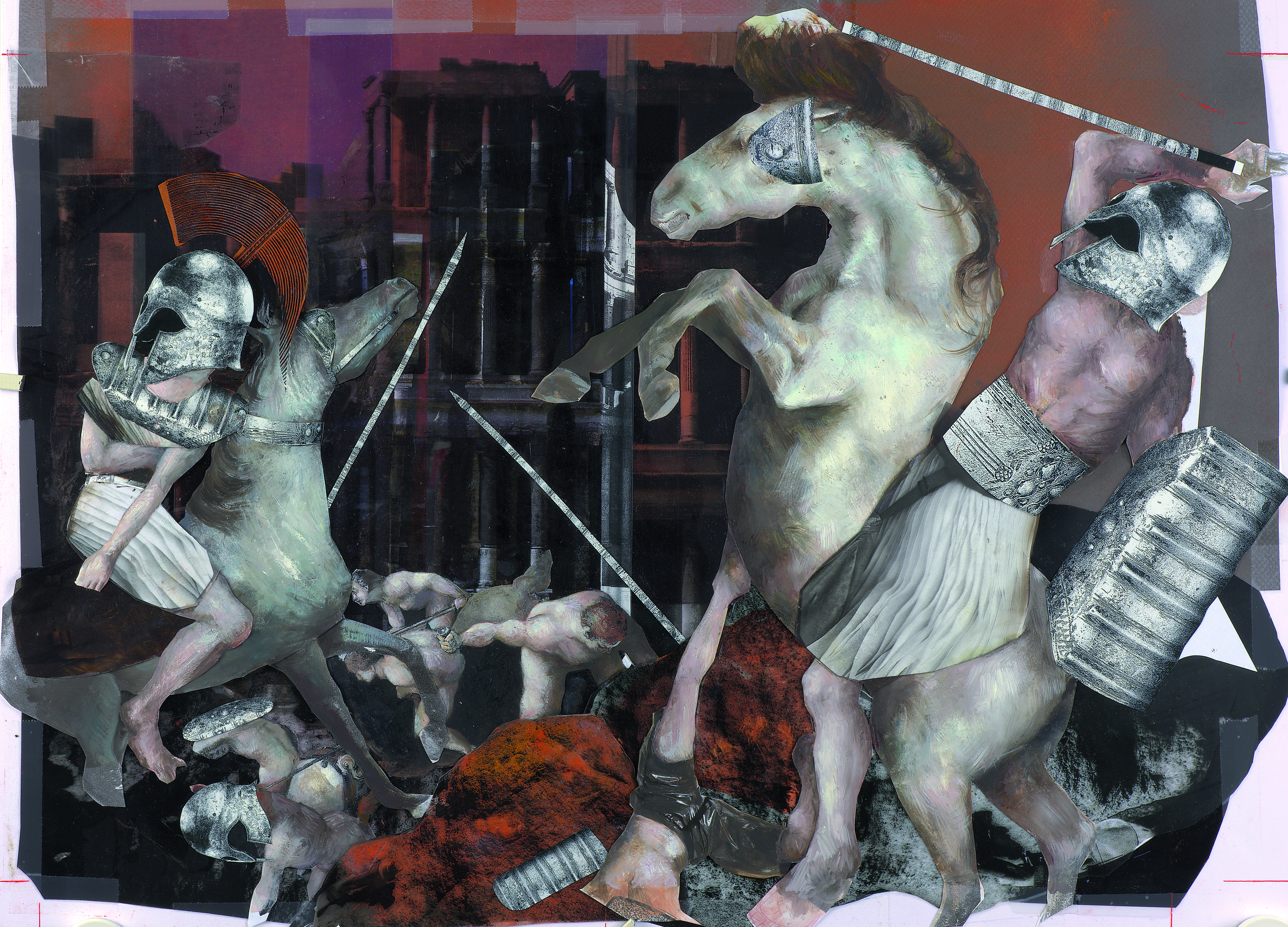 The Battle for TroyOil paint on paper, collage with photo material, 50 x 60cmSerie: The Legend of Troy's Fall/Text: Franz FühmannPublisher: Hinstorff Verlag, Rostock, 2011