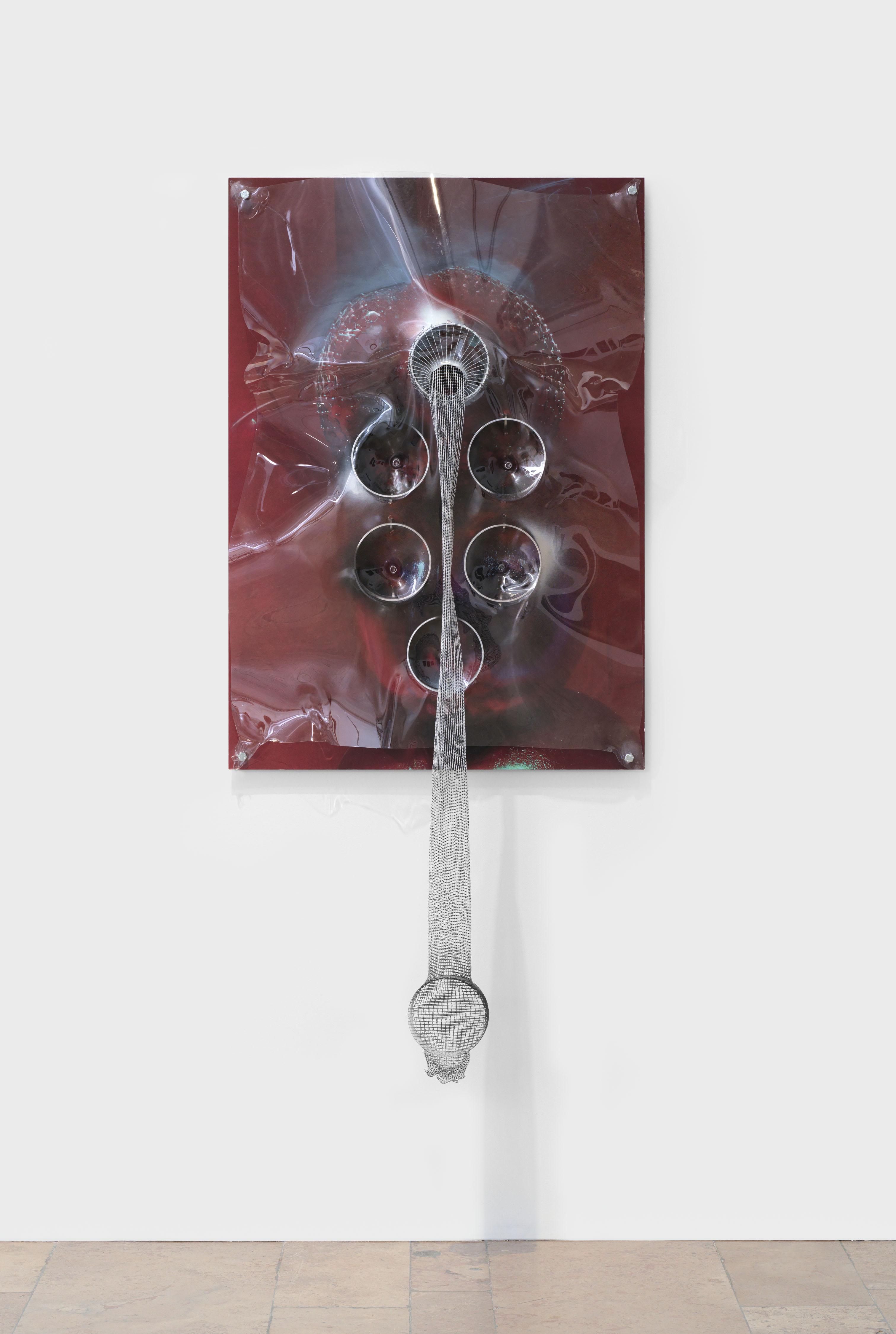 Return, 2023, Soft pastel, spray paint, photographic print mounted on aluminium, heat-formed PETG plastic, aluminium pipe, butchers netting 118.9 x 84.1 x 22 cm 46.8 x 33.1 x 8.7 inches