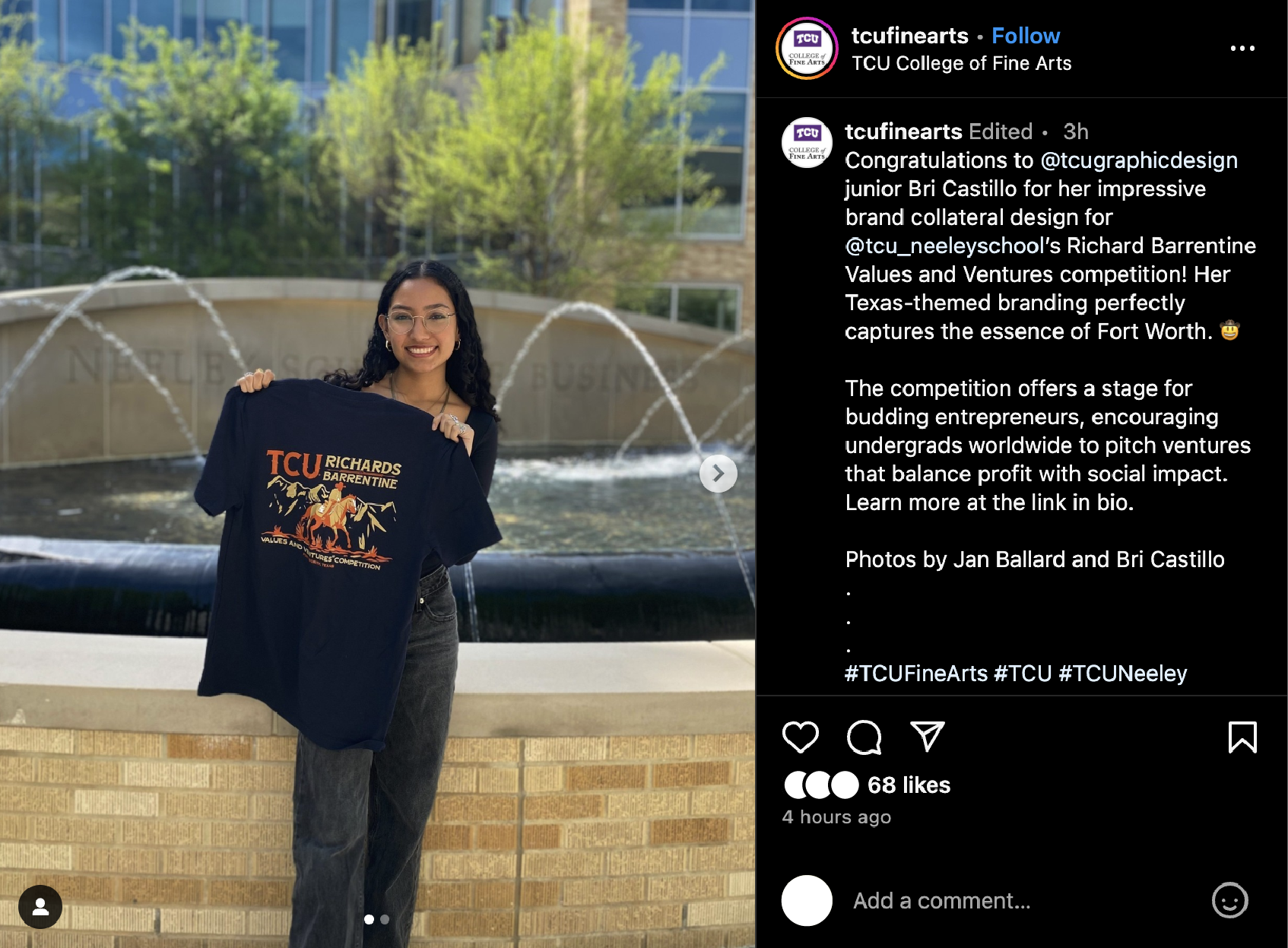A screen capture of Instagram highlighting a post that was created by @TCUfinearts featuring Bri Castillo Graphic Designer holding her winning design T-Shirt.