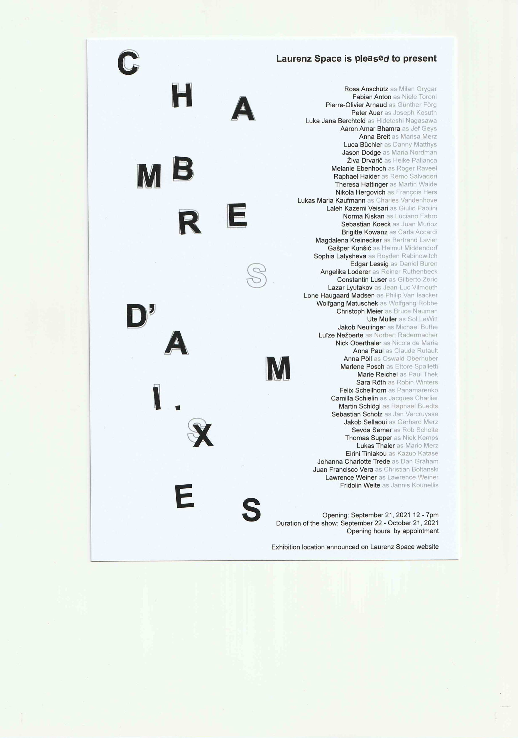 Chambre d'Ami·xes exhibition flyer and invitation, Juan Francisco Vera, 2021.