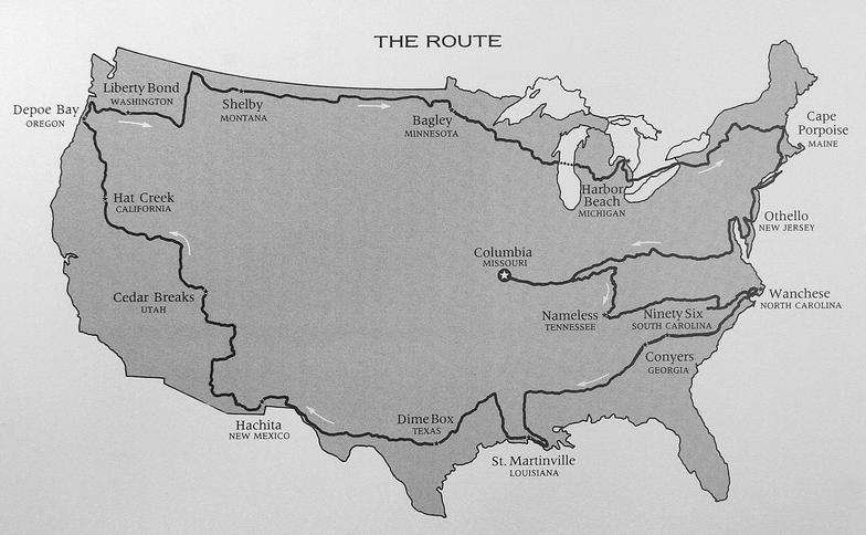 Map of Heat-Moon's blue highway route, driven 1978, published 1982.