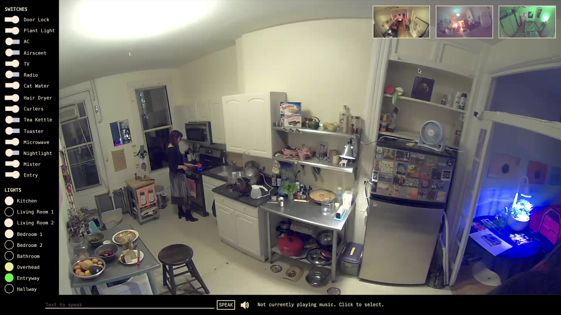 screenshot of the interface with camera view showing a person in her home cooking, on the top right there are three smaller views of the rest of their apartment. In the interface it shows the different lights in the house, all color coded, and all the switches of the house noting if they are on or off.