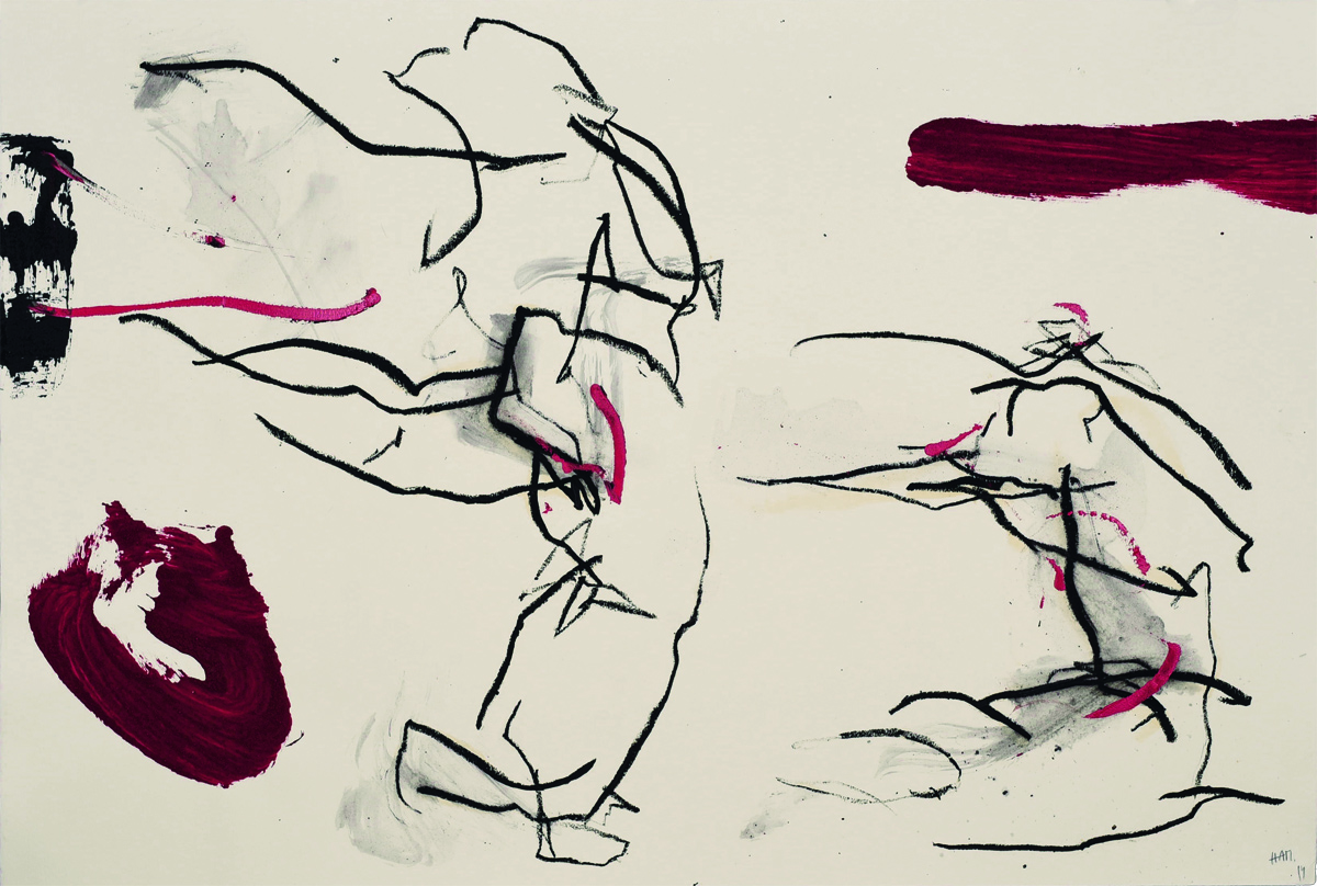 "Ohne festen Bezug", 2014, Acrylic, sand, oilstick on copperplate paper, 73 x 108 cm