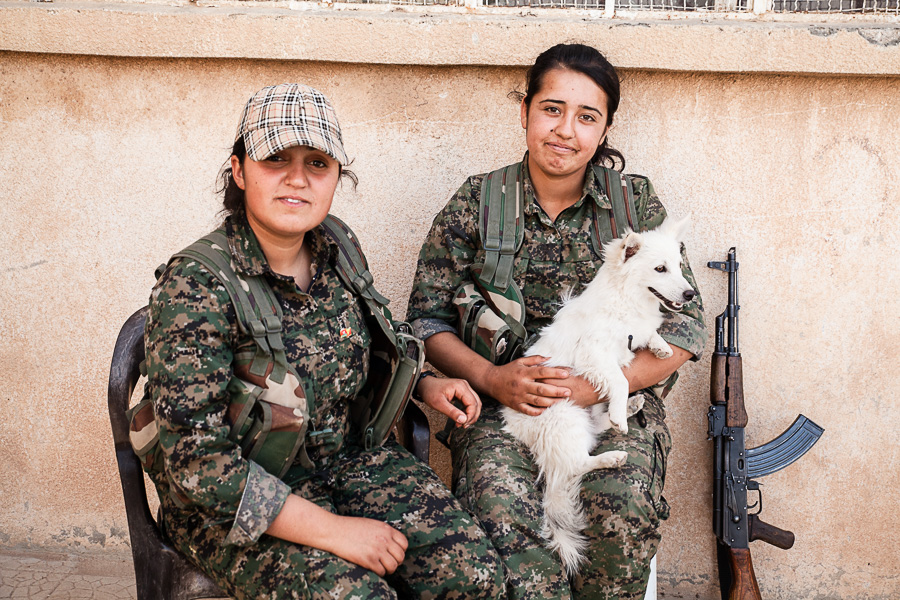 Juin 2014,ligne de front pr&egrave;s de Sere Kaniye (Ras al ayn). Moment de d&eacute;tente. Les chiens sont consid&eacute;r&eacute;s comme impurs, ainsi s'occuper d'un animal est une fa&ccedil;on de d&eacute;fier les traditions.