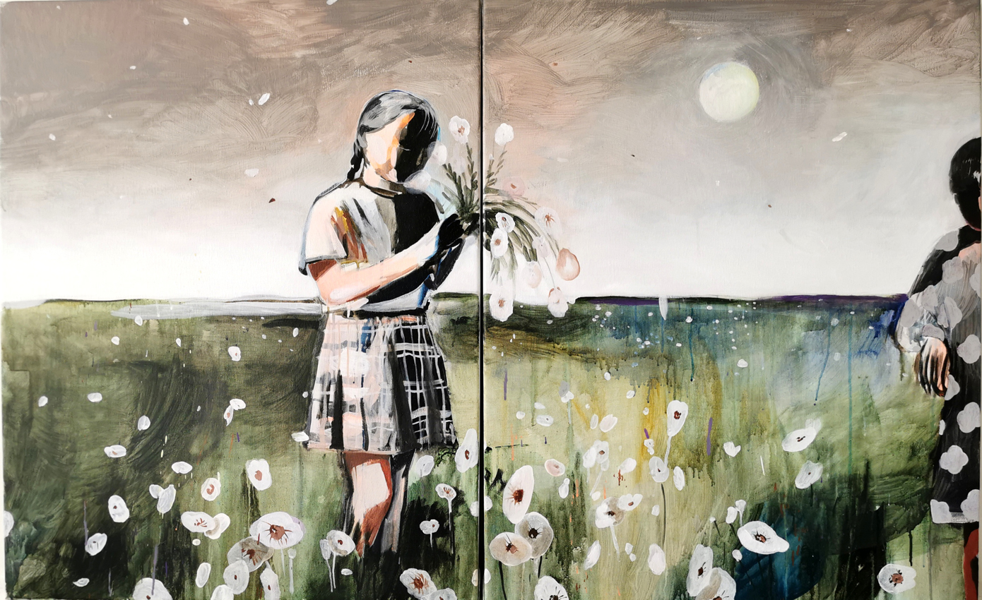 Field of flowers, acrylic and oil on canvas, 100/160 cm