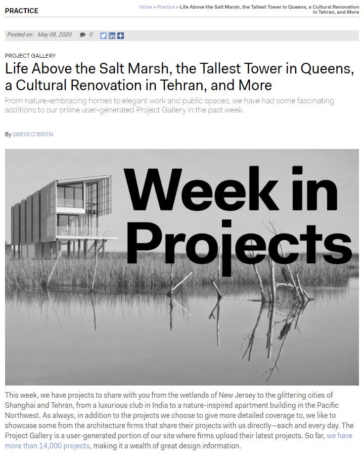 Screenshot of the ARCHITECT Magazine article titled "Life Above the Salt Marsh," featuring an image of the elevated residence.