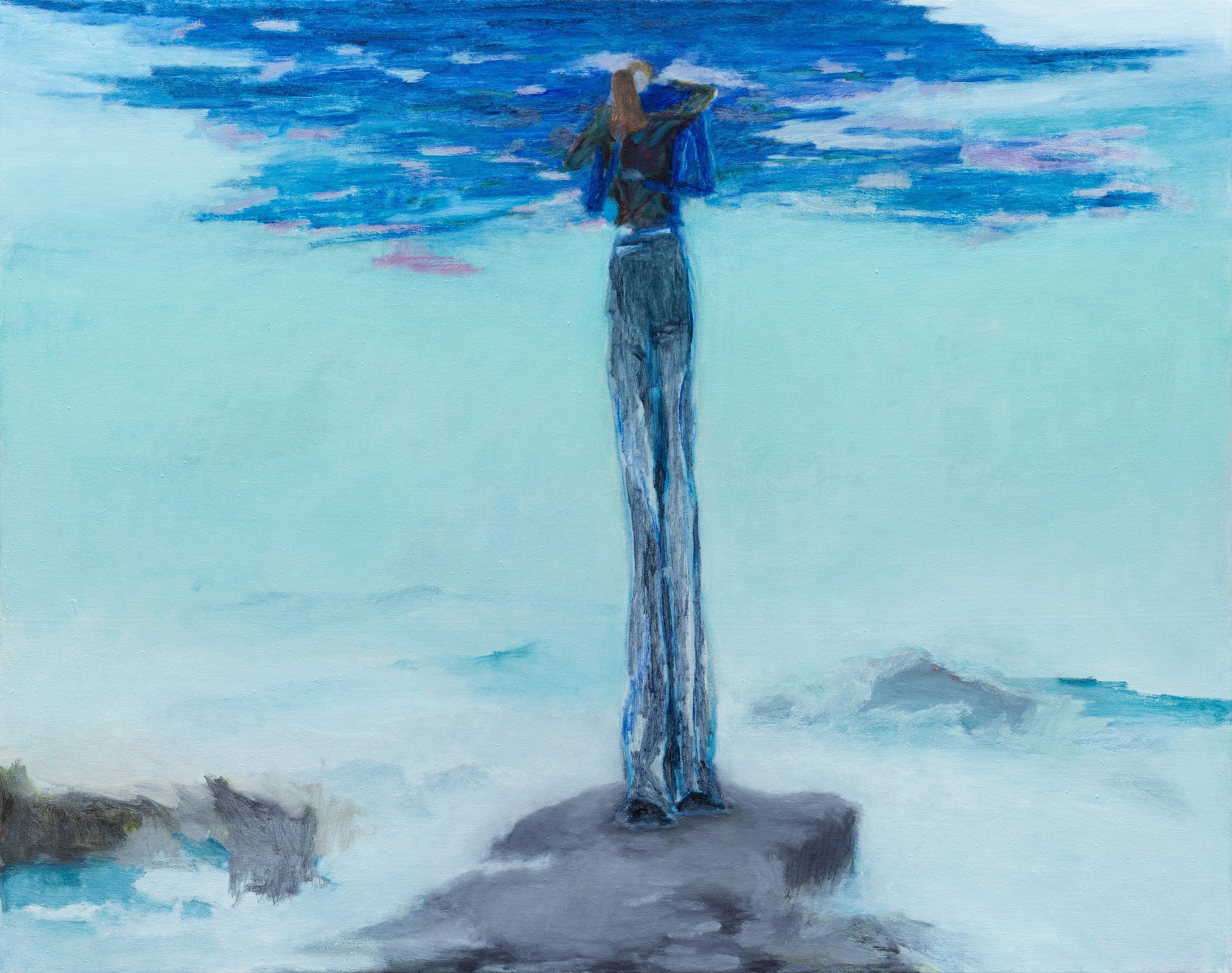 Two people embracing each other. The figure in the foreground has extremely long legs and stands at the edge of a cliff or rock. The other figure's lower body is invisible as it is totally eclipsed by the figure in the foreground.