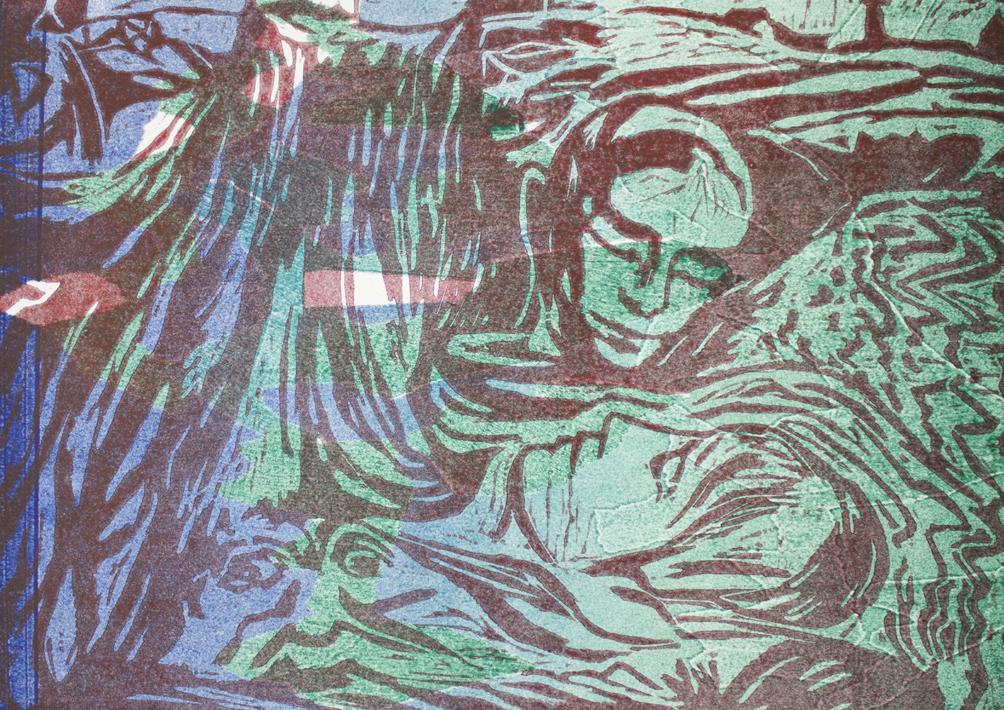 'Chanting faint hymns to the cold fruitless moon',  2022. Woodcut on paper, 42x30cm