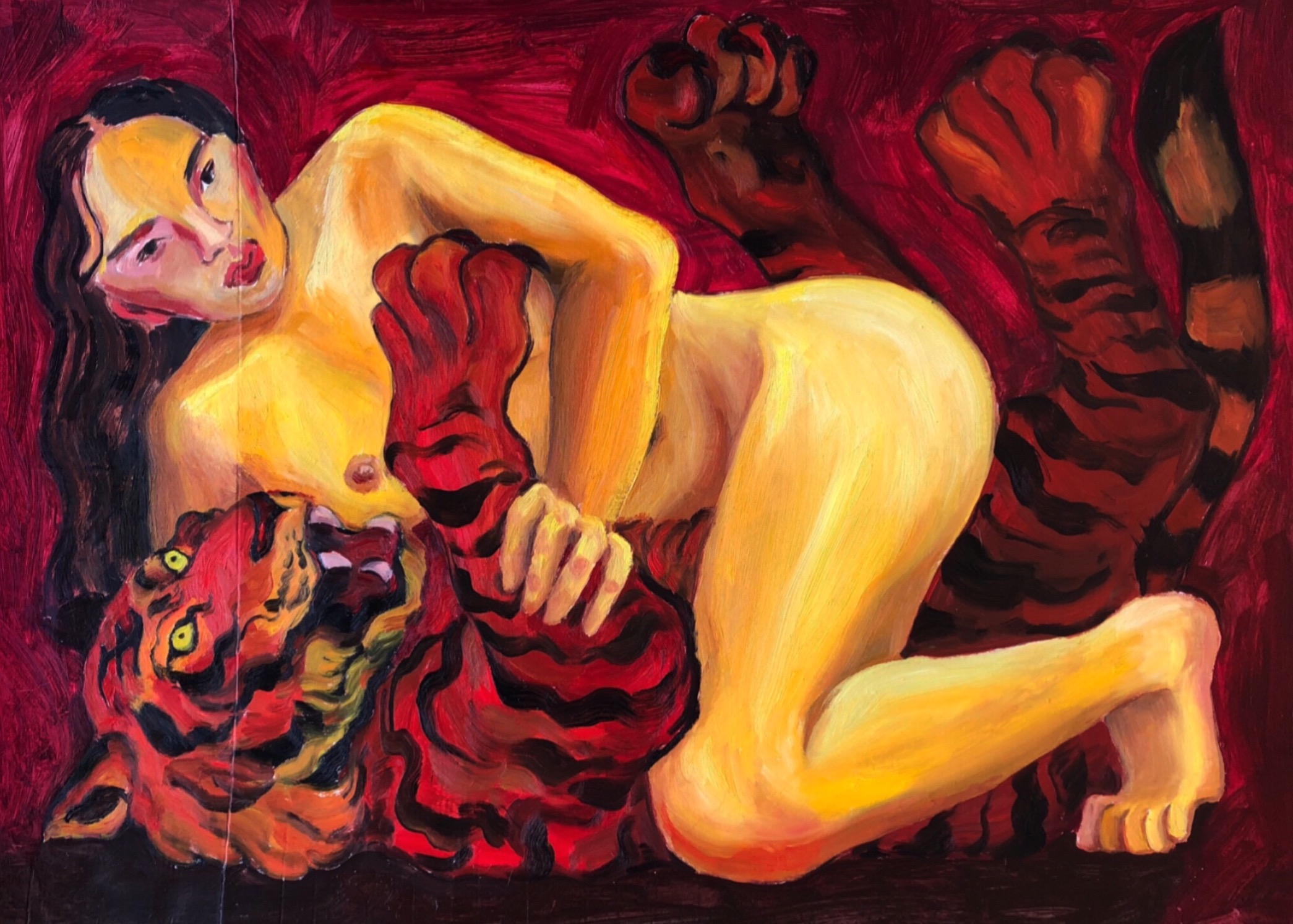 Woman Pinning Tiger to the Ground, oil on cardboard, 24x36" (2018)