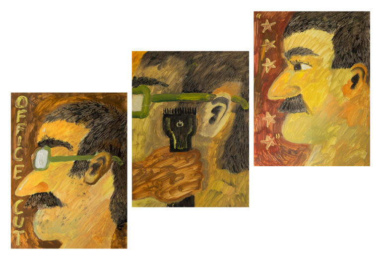 A painting which has 3 panels. The first panel is the profile of a mans face, he has a mustache and glasses and short dark hair. There is text that reads: "Office cut". The second panel is the same profile of the same man, he is now holding an electric razor to the side of his head. The third panel shows the same man without his glasses on, his sideburns are shaved and there are stars around his face.
