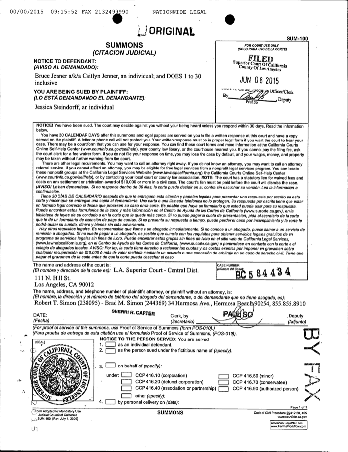 Court summons for Jenner's trial following the accident, which At the end of the investigation, the DA’s office did not proceed with charges due to a lack of evidence