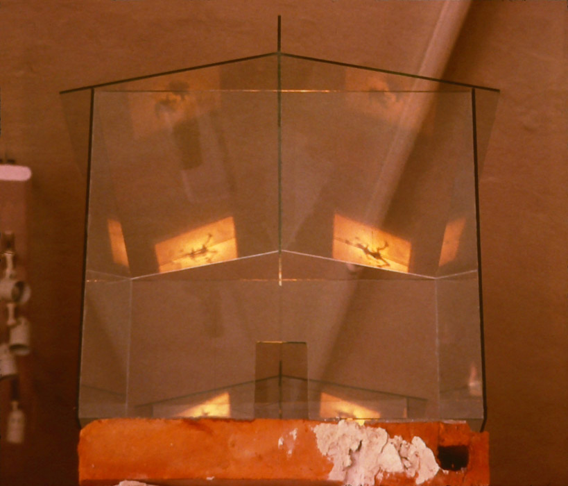 installation view, brick, glass, paper, light