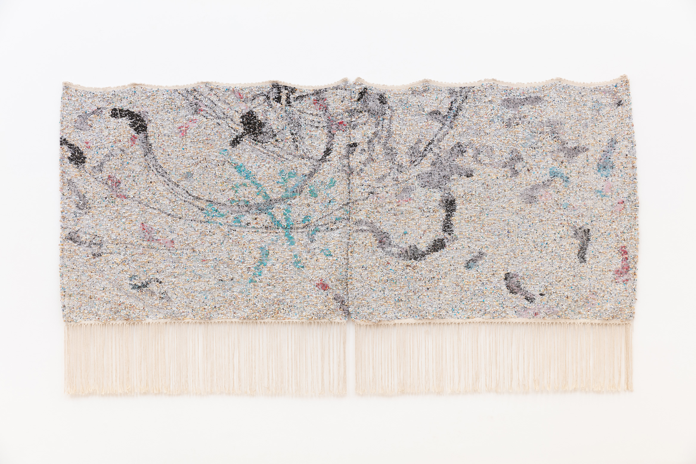 Igshaan Adams, Byron, Jaime-Lee, Dustin (i) (2024) | Cotton twine, polyester braided rope, plastic, cowry shell, glass, wooden and metal beads, mohair wool, silver chain and tiger tail wire, 171 x 317 cm