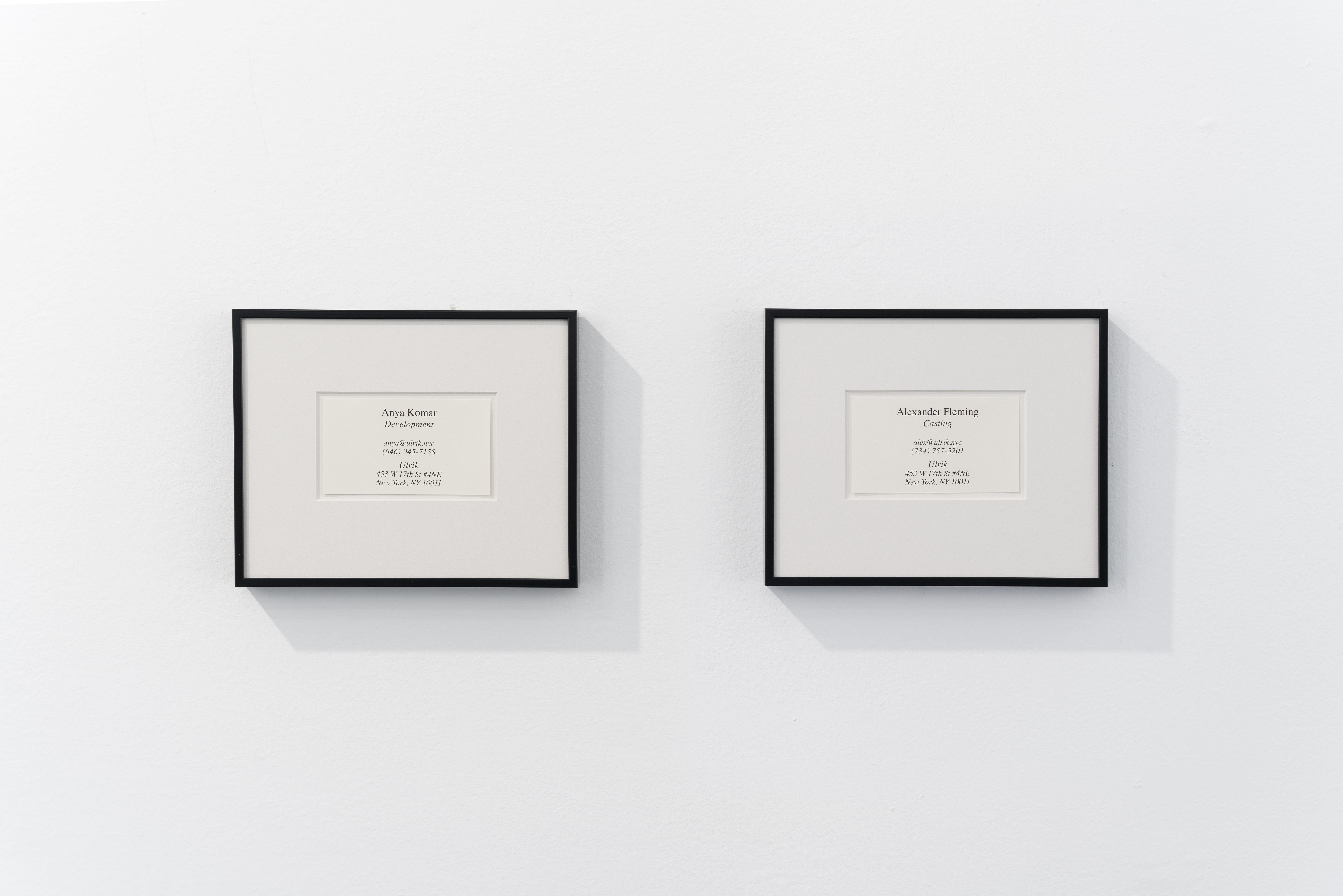 Jason Hirata, A Long and Profitable Tradition, 2022. Business cards, two pieces, each: 2 1&frasl;2 x 3 in. (6.4 x 7.6 cm) Framed: 6 1&frasl;4 x 7 1/8 in. (15.9 x 18.1 cm.)