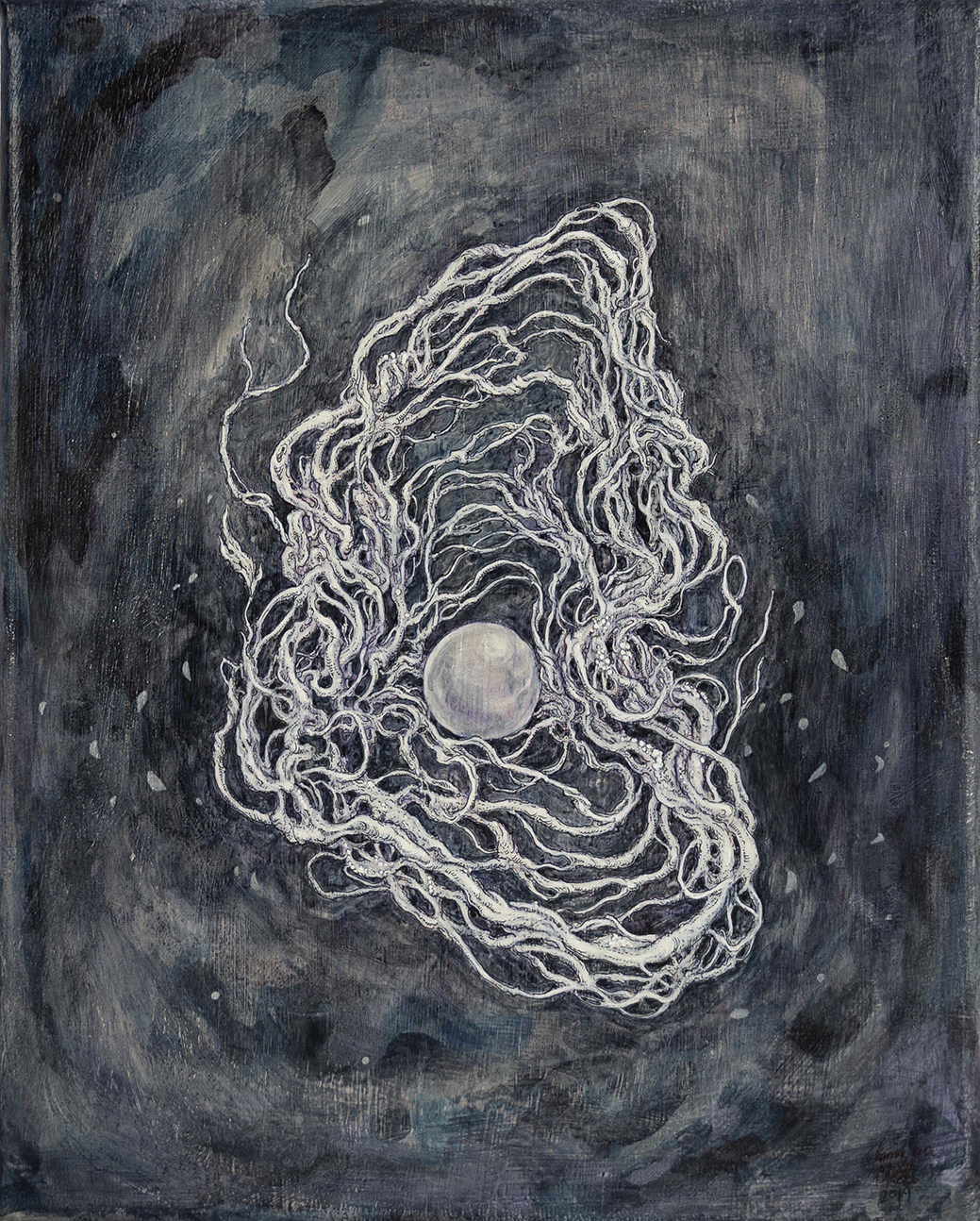 "your world is my oyster" 24 x 30 cm, liner pen and acrylic on canvas, 2019