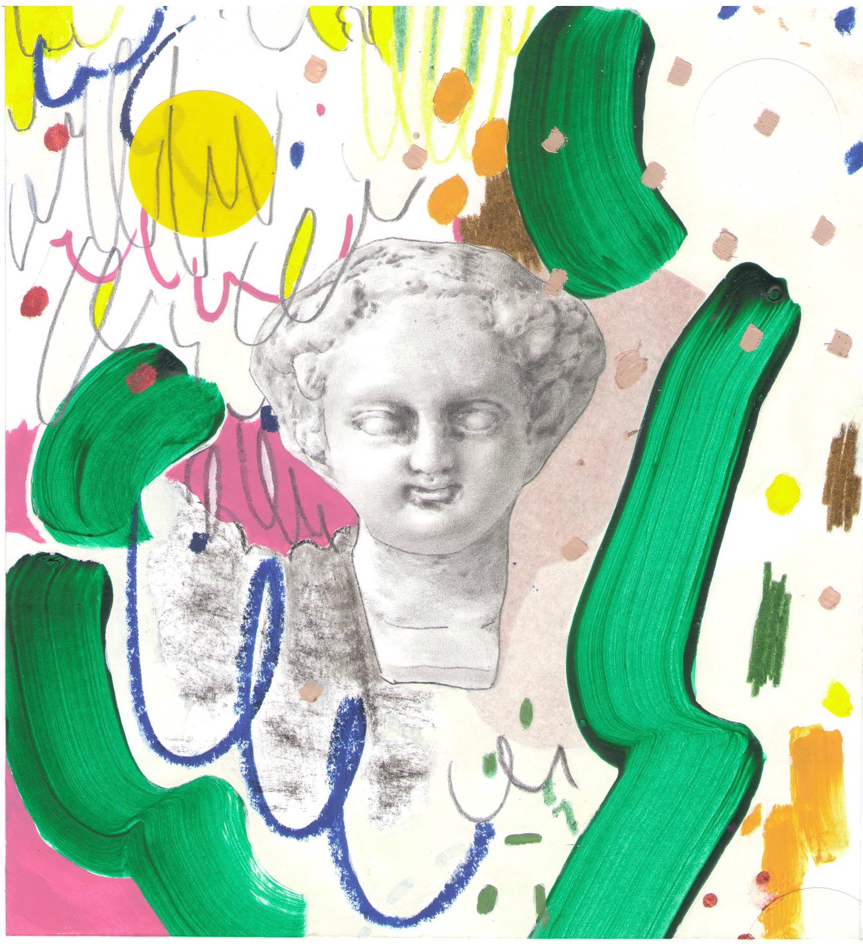 Ancient  Child, 2018, Graphite, acrylic, color pencil and oil pastel on Paper, 15*15 cm.