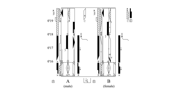 This Labanotation shows how the dancers move in the lead up to the moment captured at 00:19 of their film Reposition Film 2. Usually, Labanotation uses the meter of the music to indicate the timing of the movements but here the film is cut and edited with the music added afterwards: the dancers are not moving to the music. Instead, we hear it as we watch the dance. In this Labanotation example, timing in seconds is used to indicate where the movement occurs. At first glance the dancers appear to be moving in unison, but closer analysis reveals that while the shape of the movement is similar, each dancer does the movement in their own way.