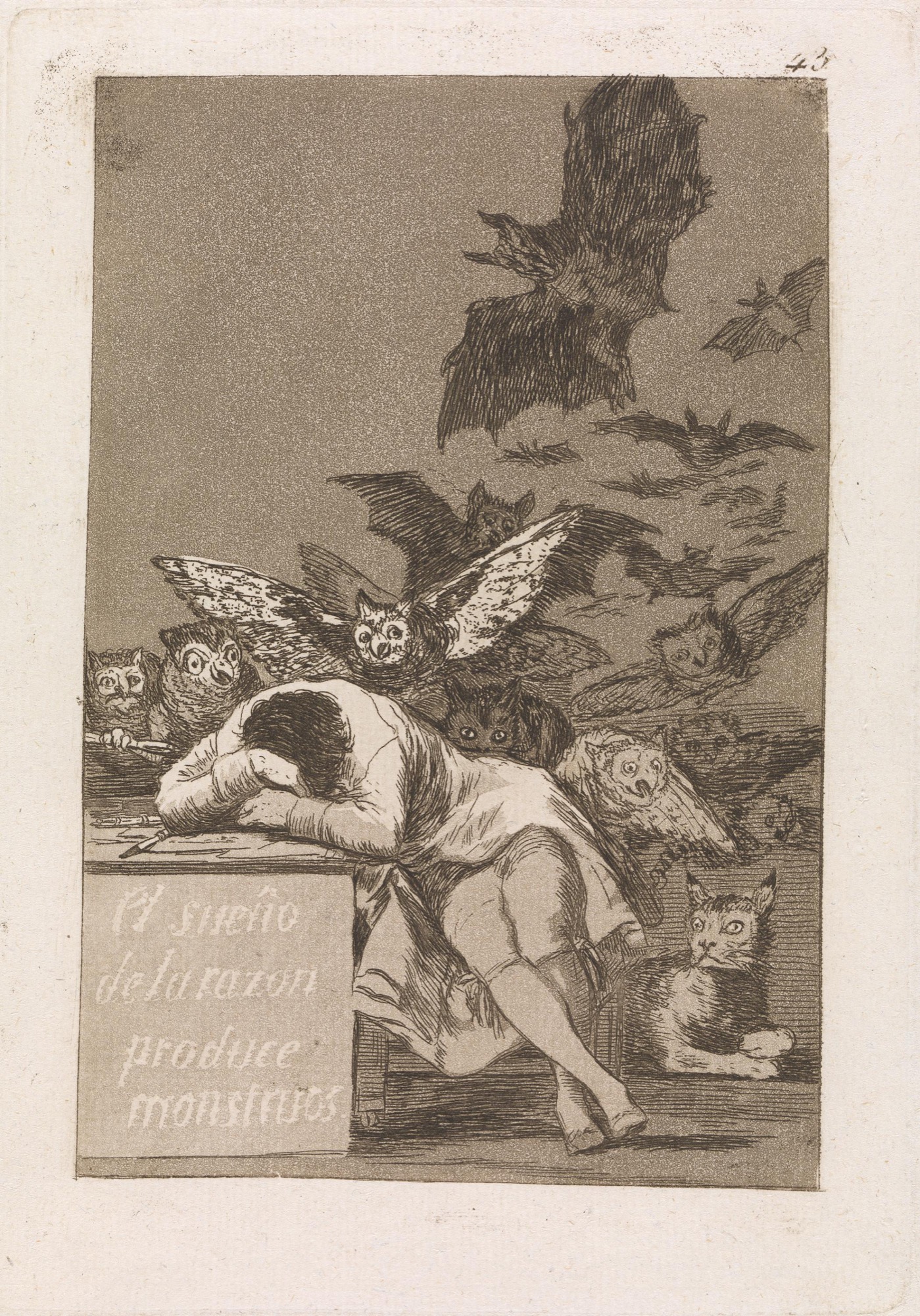 Francisco Goya y Lucientes, The sleep of reason produces monsters (El sueño de la razón produce monstruos), plate 43 from Los Caprichos (The Caprices) series (1797–98), published 1799.