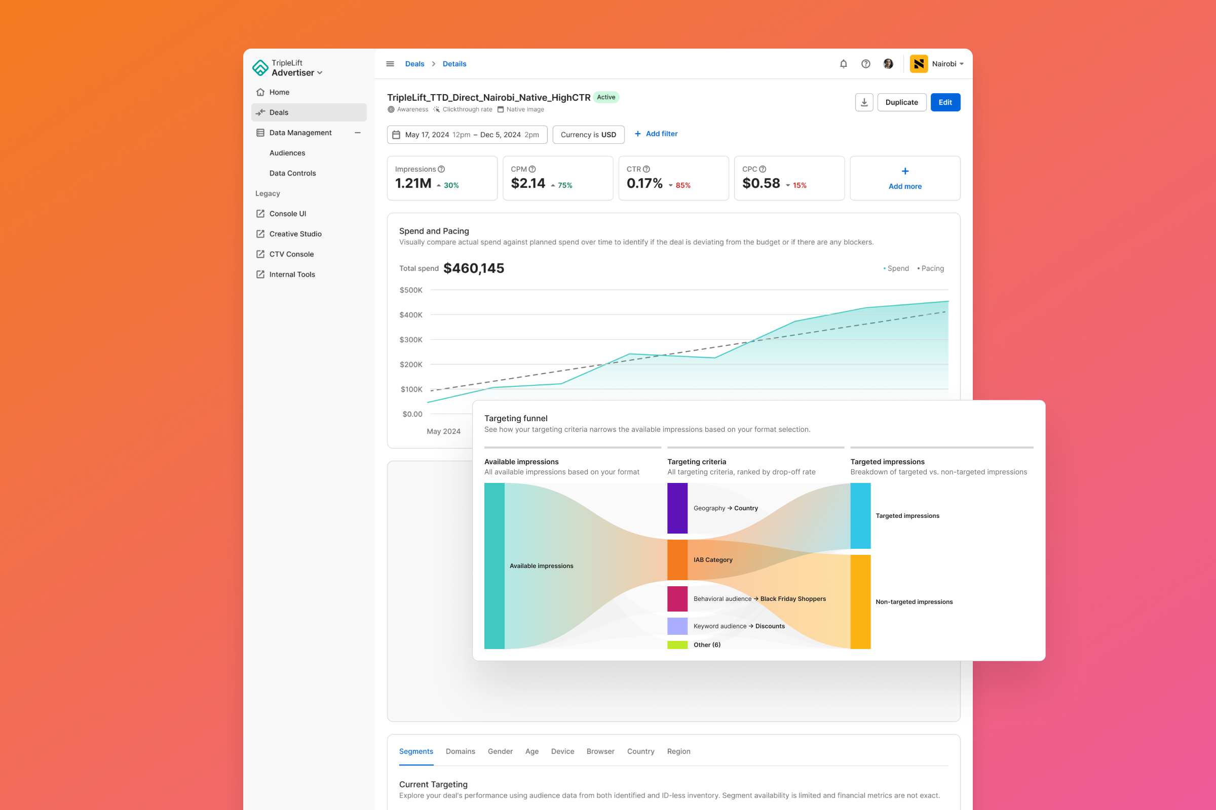 The first app we built as a part of our vision is Deals - for internal and external users, publisher and advertiser use cases, and web and CTV customers. This is the diagnostic screen, where advertisers can monitor and optimize active deals.