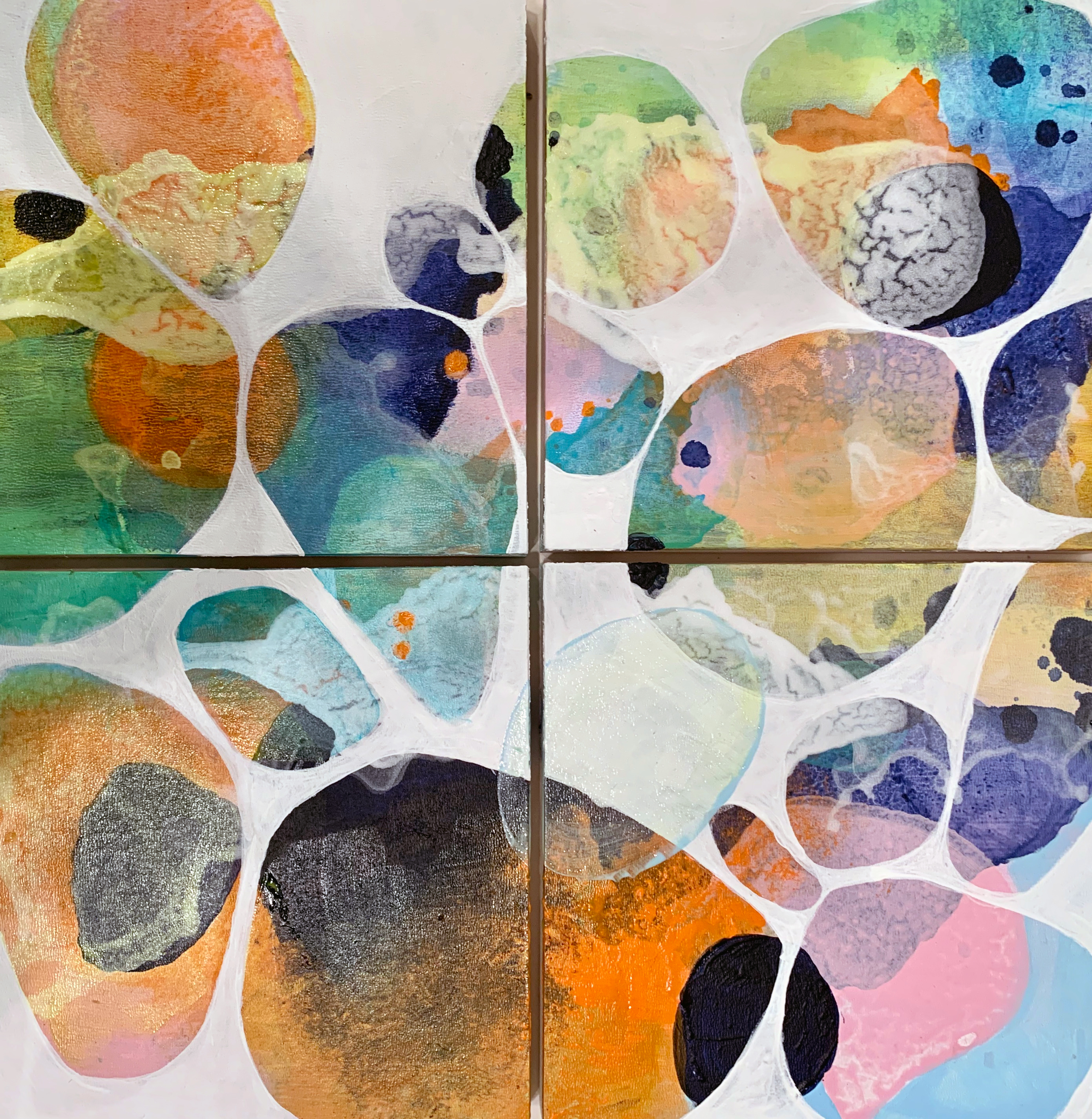 Splitsville 2020  Acrylics, gesso, ink and alcohol Quadriptych 12” x 12”