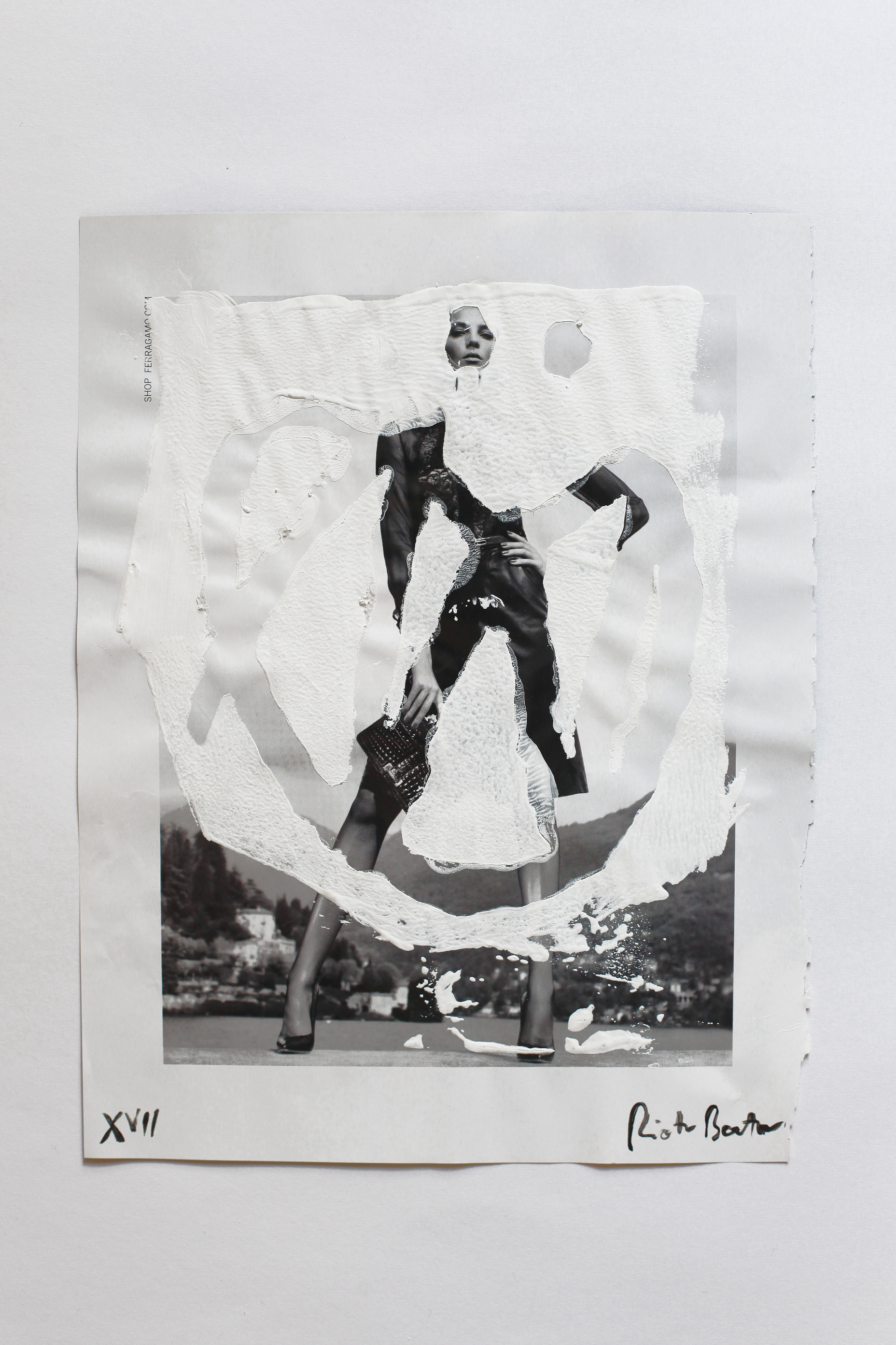 "No. 17" from "making faces" series. Approx. 28.5 x 22 cm / 11.2 x 8.6 inches. White household paint on magazine page