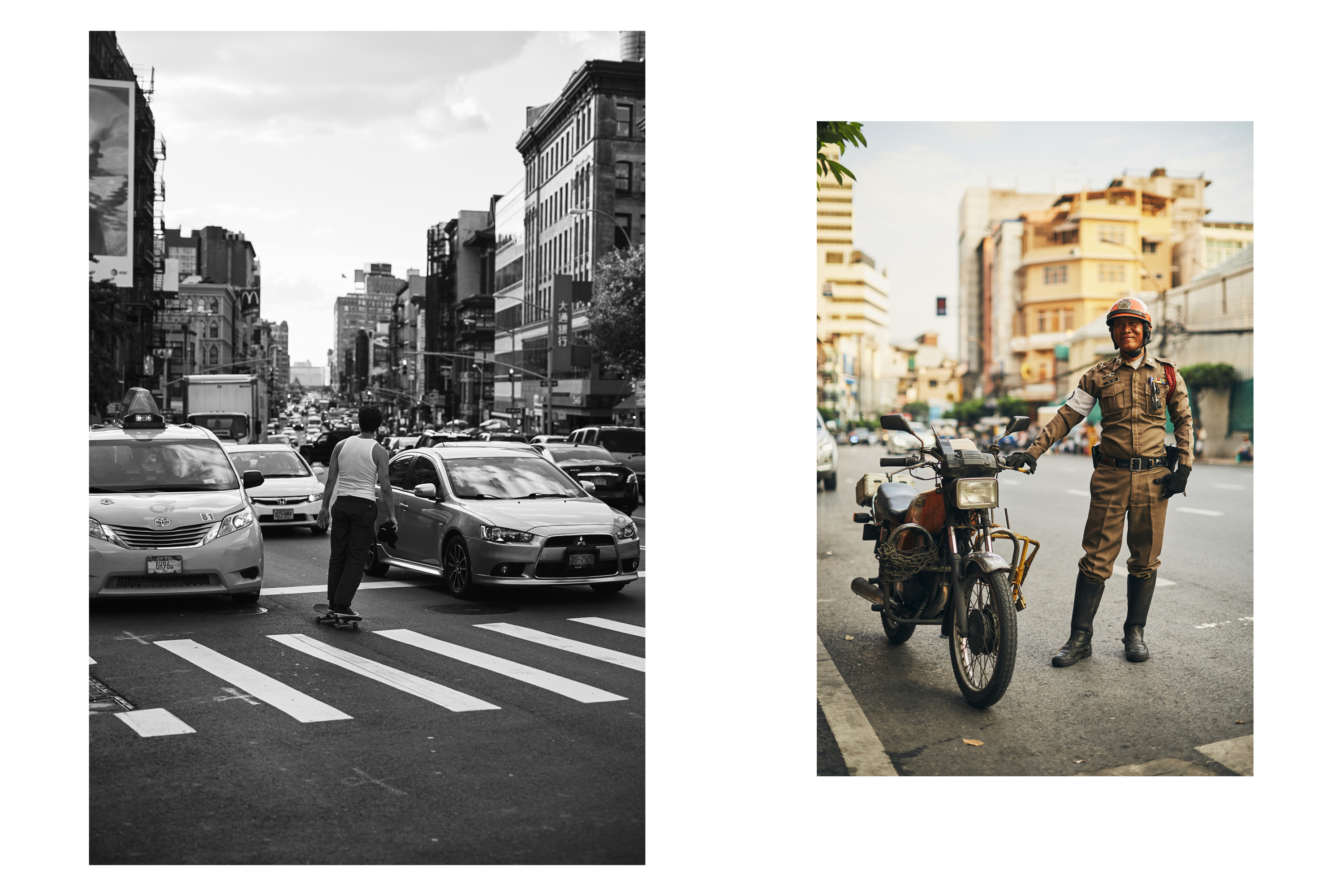 Skate photo in New York and portrait of Thai policeman photographed by Dublin based lifestyle, fashion, and advertising photographer Alex Sheridan for