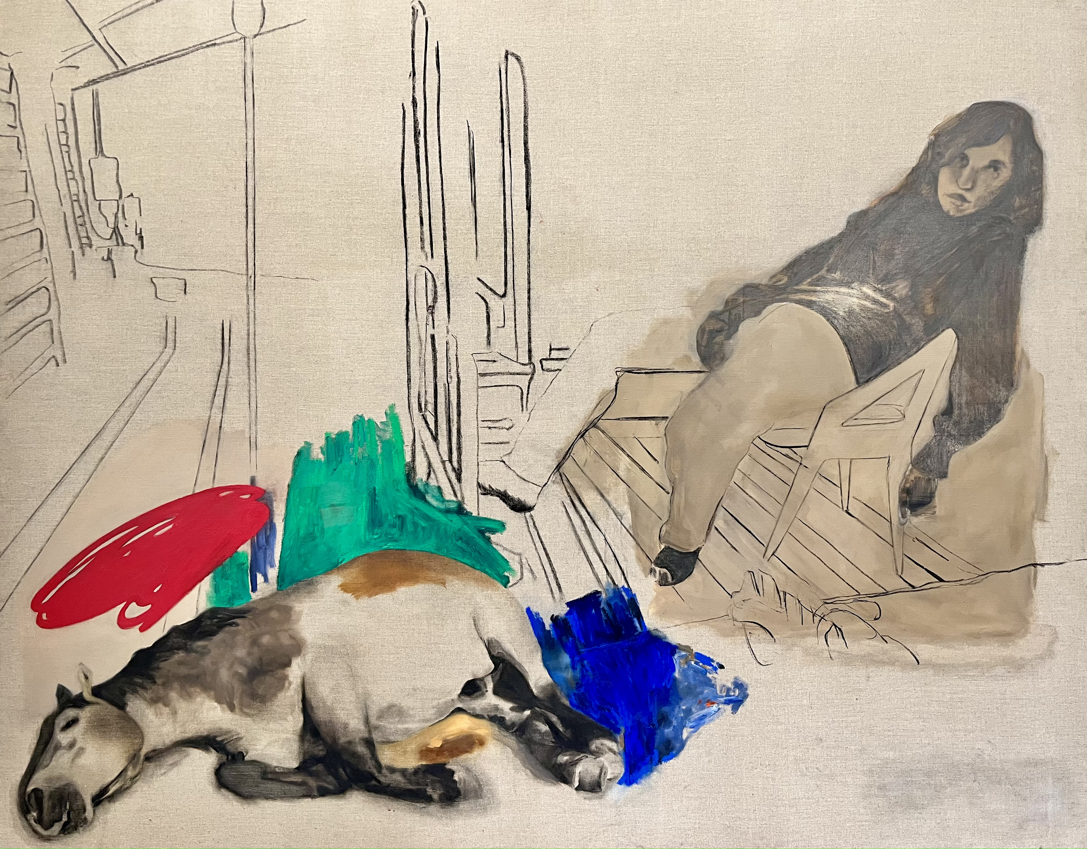 La moisson vénéneuse, 2022, huile, bâton d'huile, fusain et mine de plomb sur toile, 179x229cm