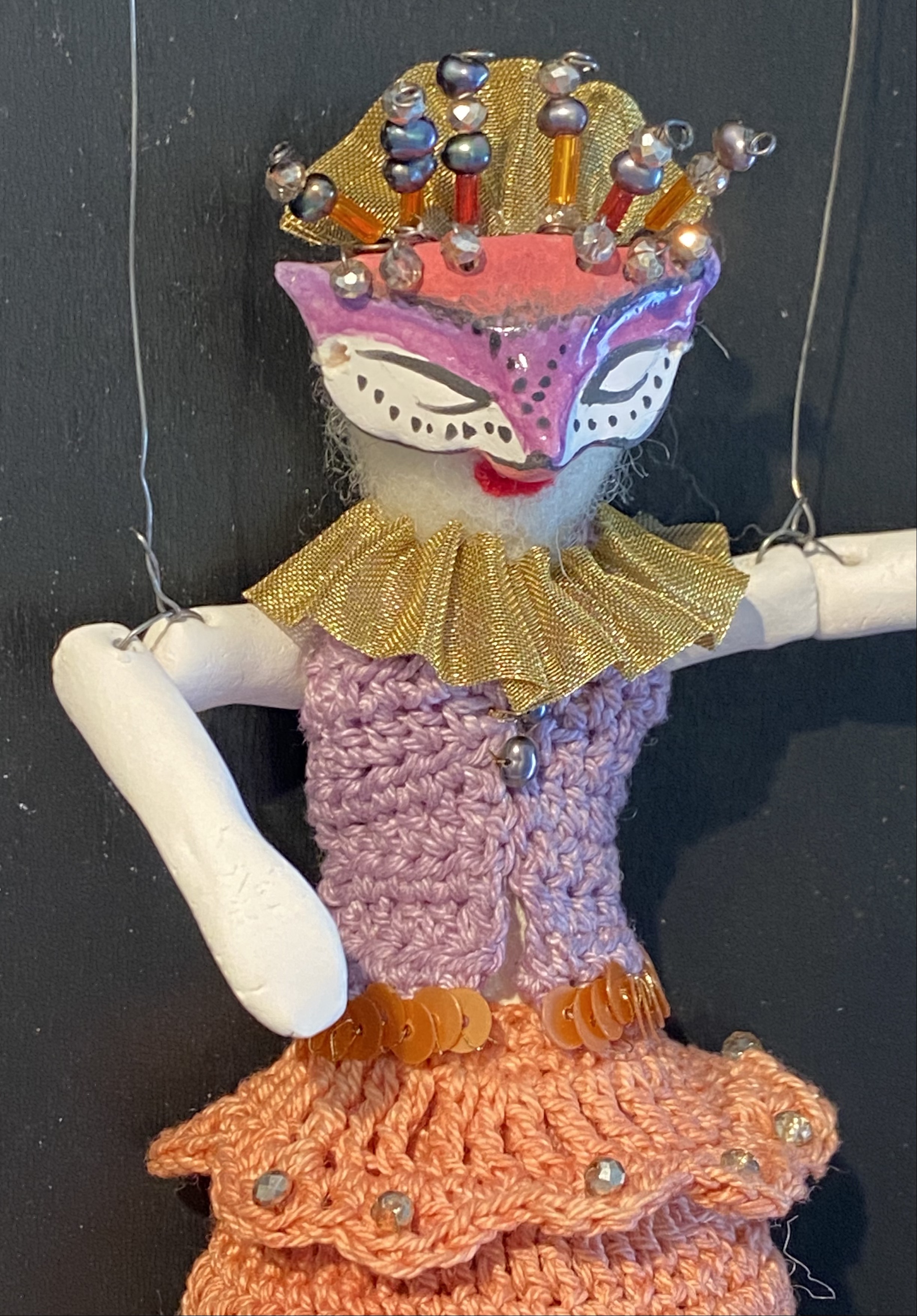 Keep on Dancing (SOLD) → porcelain, cotton thread (crocheted and dyed with Logwood and Matter); felted wool; glass, pearl and gem beads; steel wire; Tull; brass wire screen