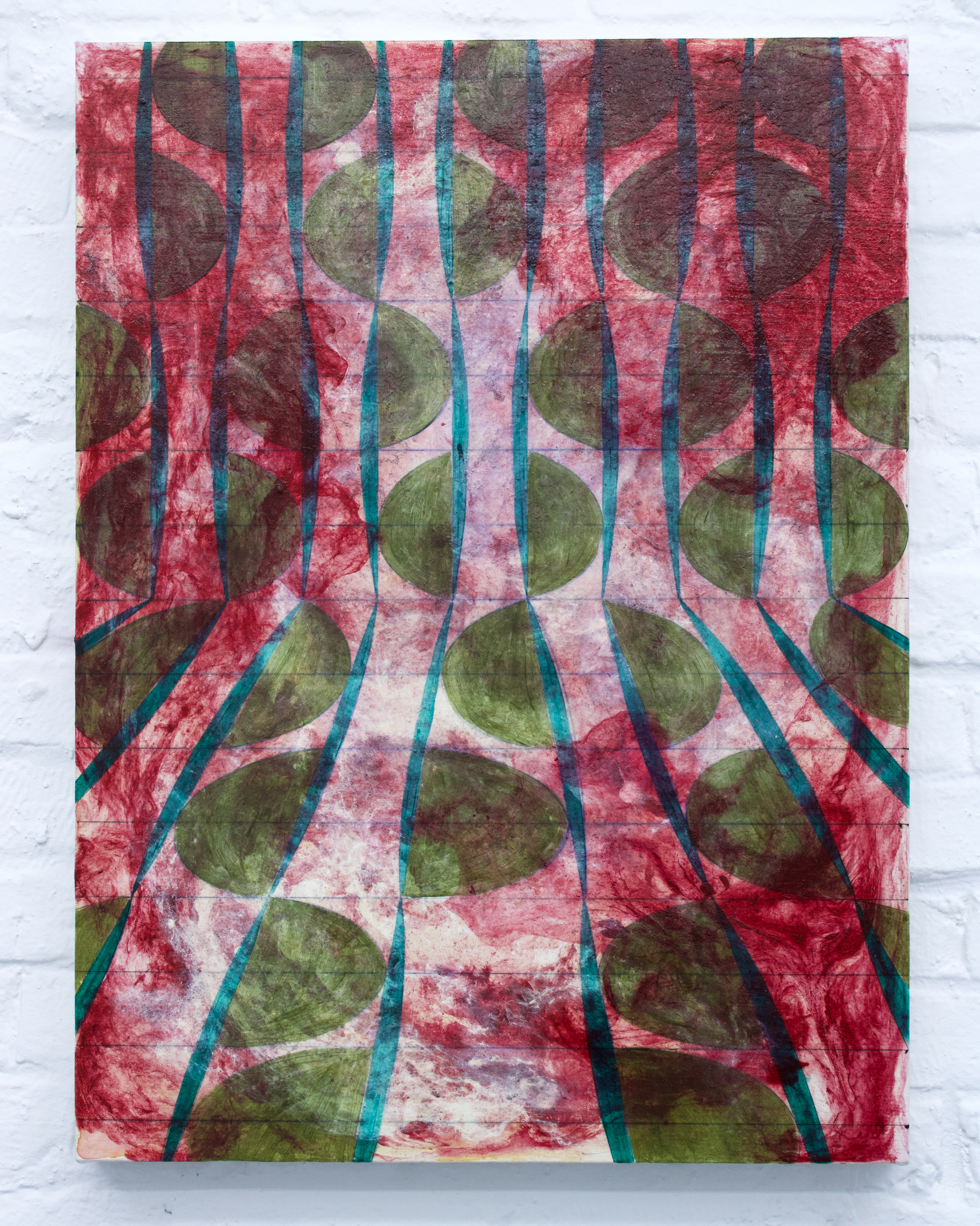 “Titanium white, emerald green, green earth and ruby red”  egg yolk and flaxseed gel on canvas lined on wood, 60,5x45cm