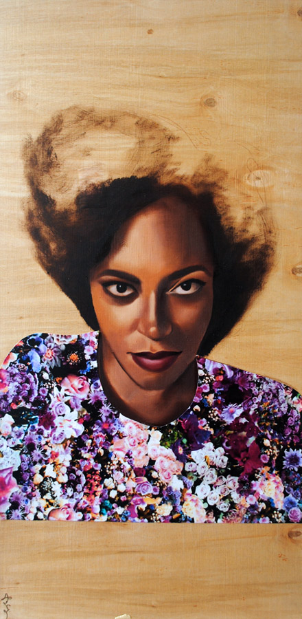 Solange, oil and paper on wood panel